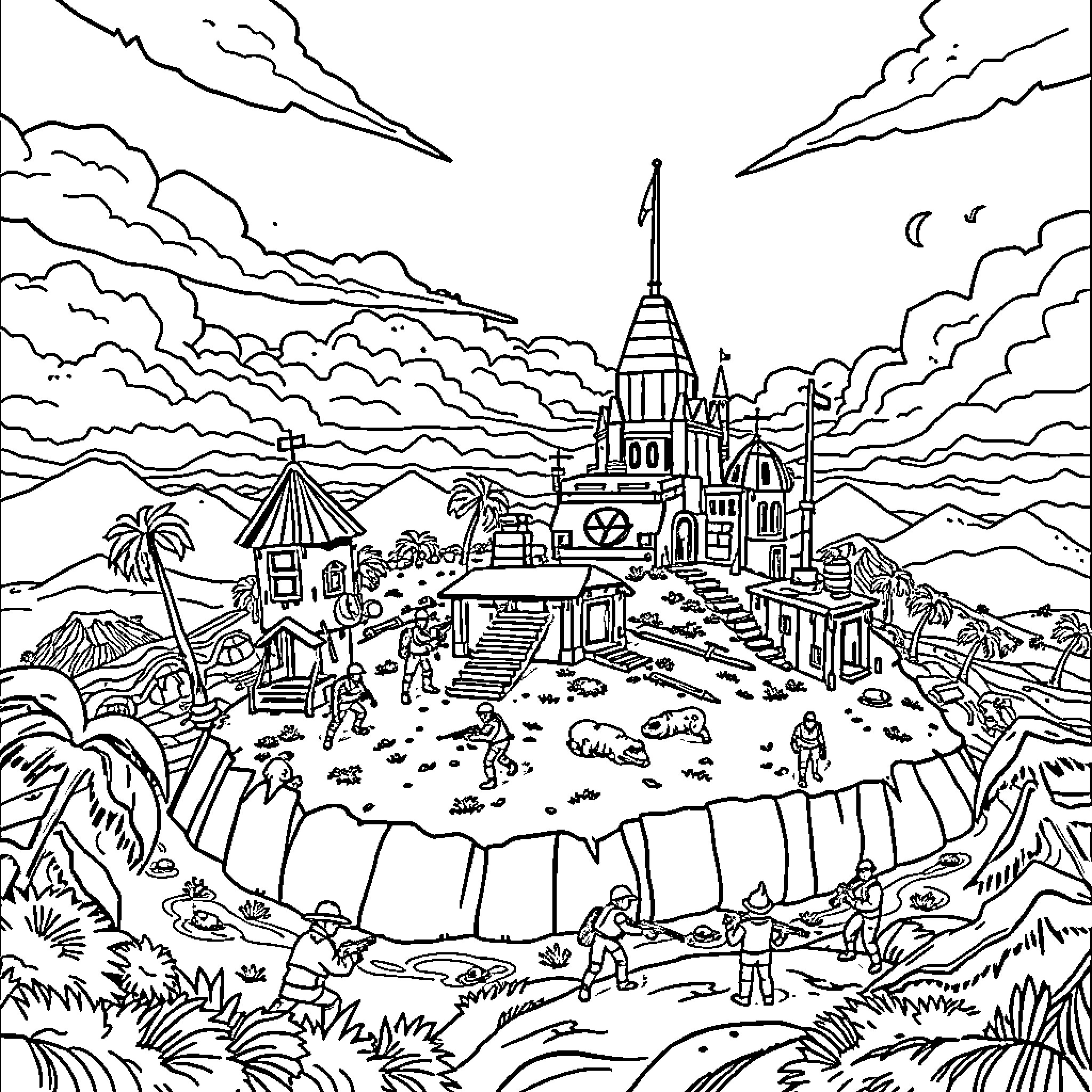 Fortnite: Fantastical Island Landscape with Characters Coloring Page (free black-and-white line drawing printable PDF for all, from beginners to advanced learners, including children, teens, adults, and seniors)
