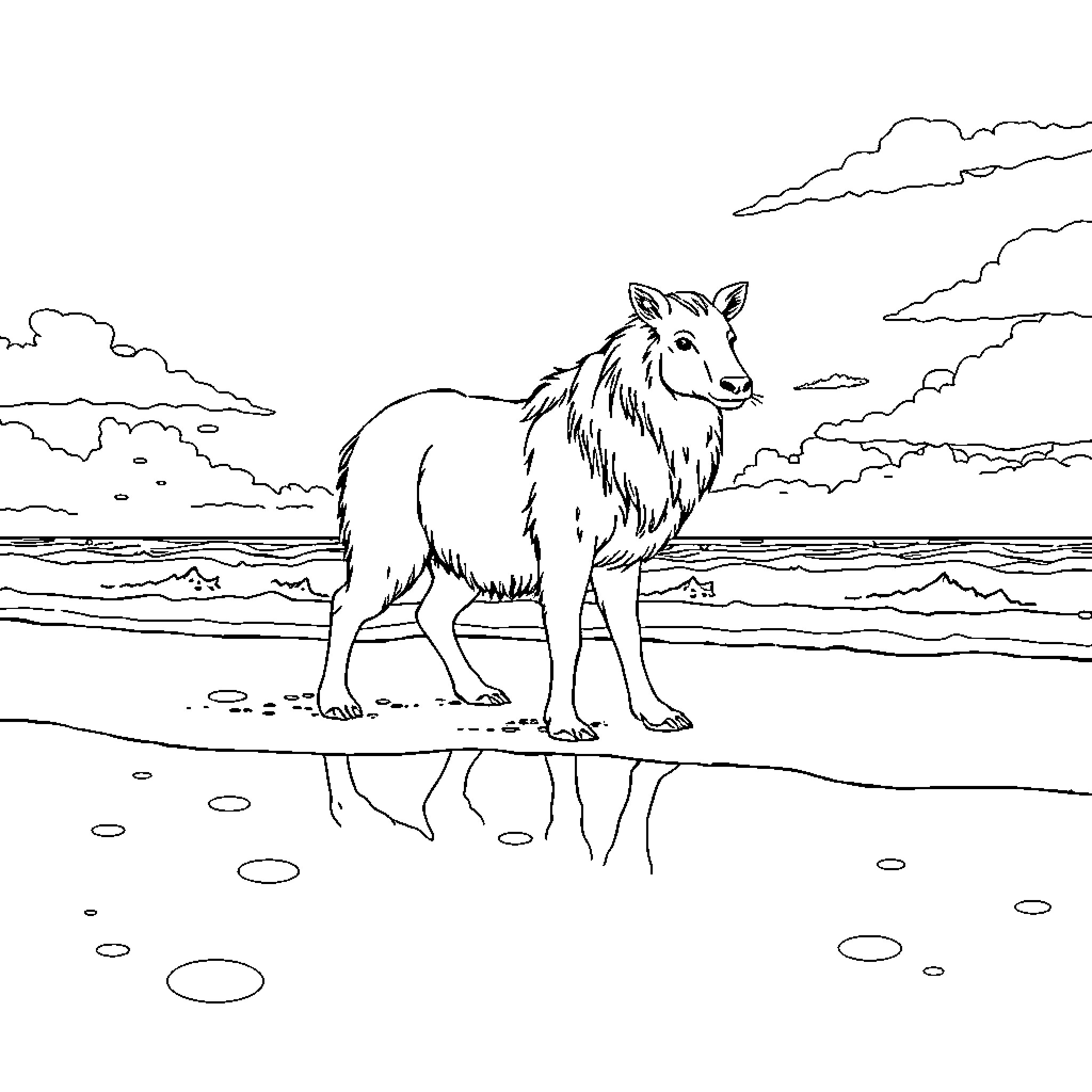 Snow Queen's Majestic Canine Companion on the Beach Coloring Page (free black-and-white line drawing printable PDF for all, from beginners to advanced learners, including children, teens, adults, and seniors)