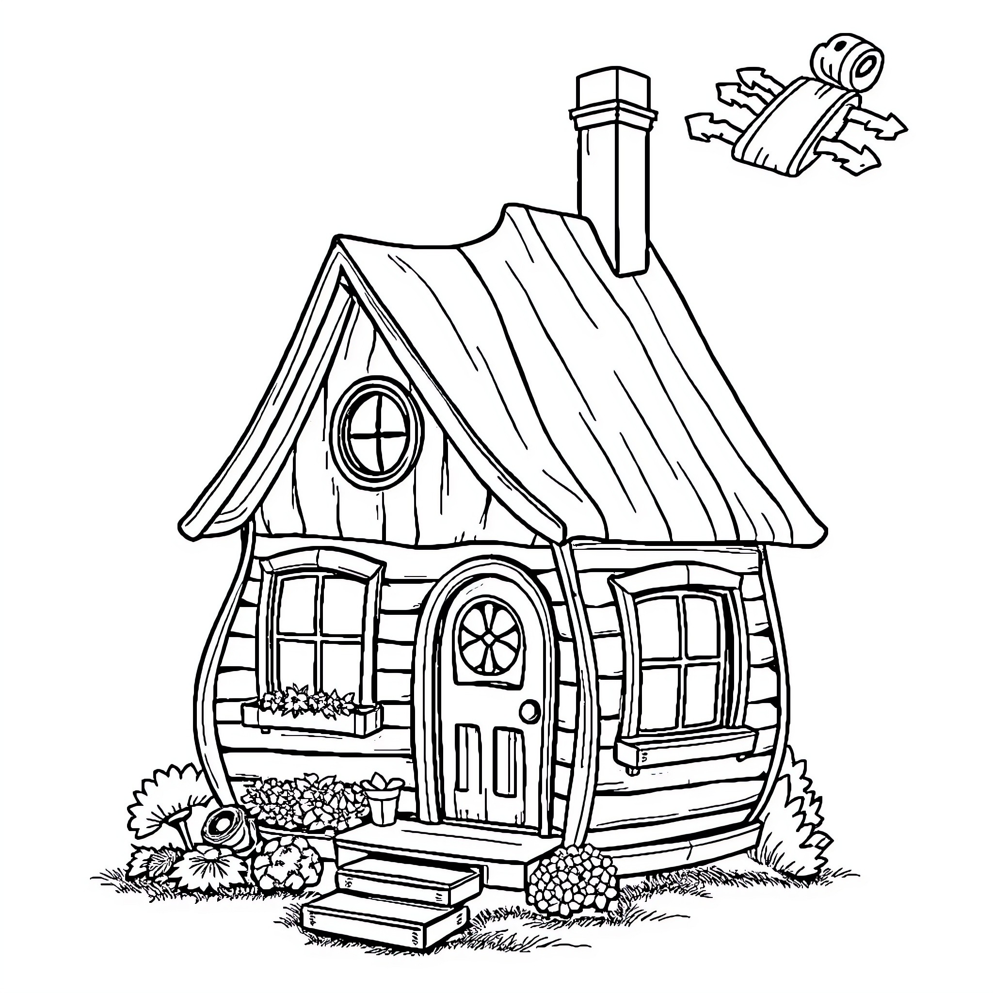 Violin-shaped cottage with whimsical roof and chimney Coloring Page (free black-and-white line drawing printable PDF for all, from beginners to advanced learners, including children, teens, adults, and seniors)