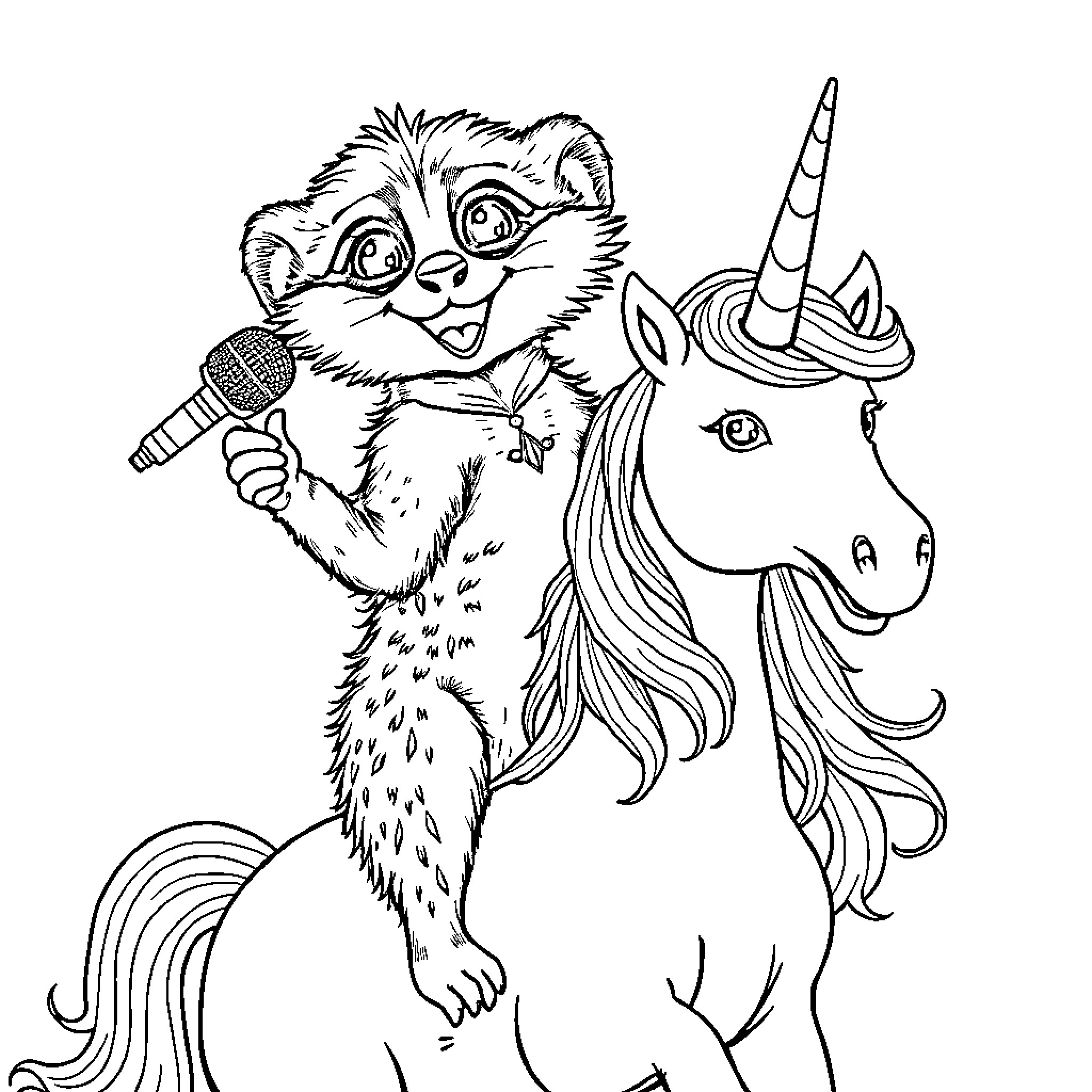 Meerkat performing with a unicorn Coloring Page (free black-and-white line drawing printable PDF for all, from beginners to advanced learners, including children, teens, adults, and seniors)