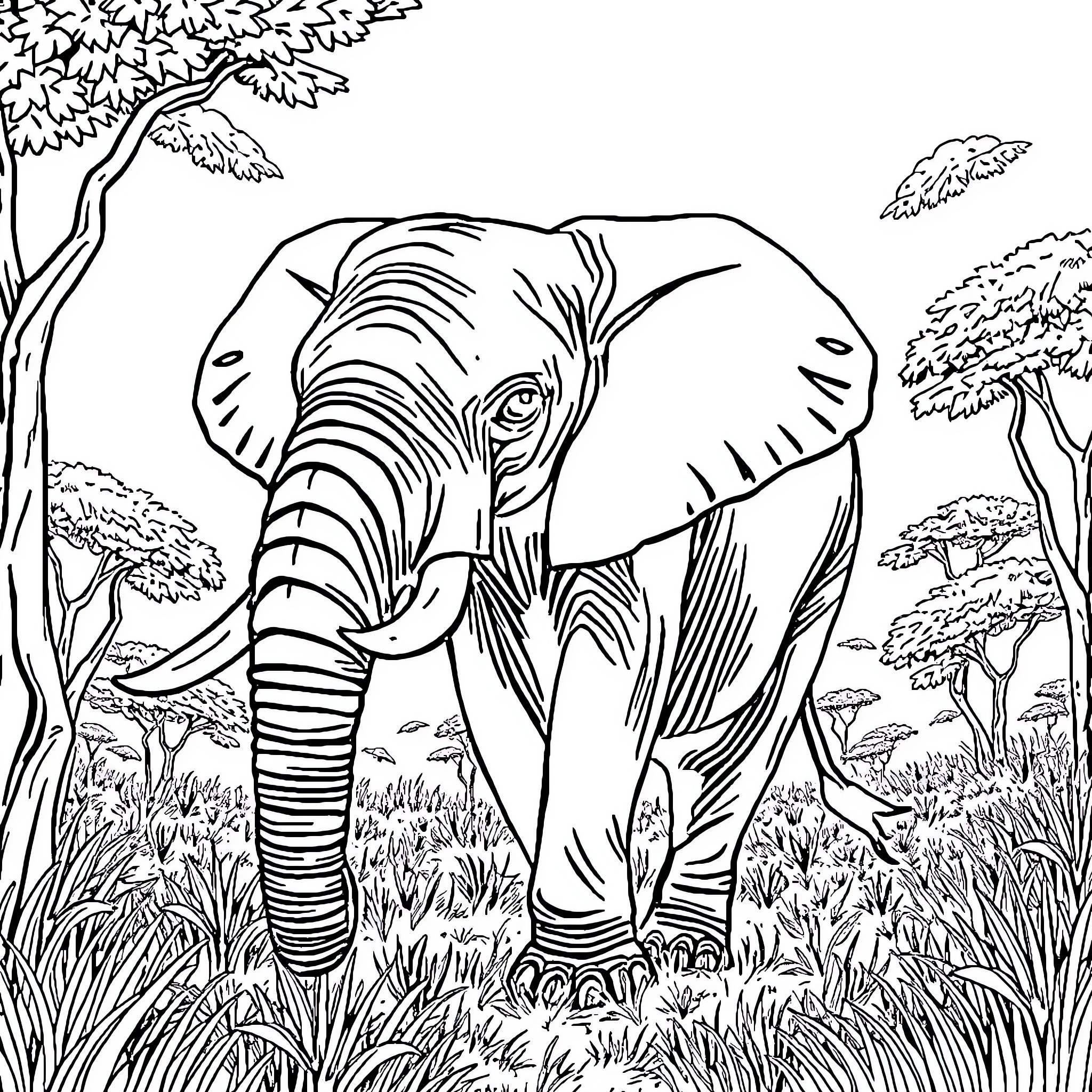 Elephant exploring the lush wilderness Coloring Page (free black-and-white line drawing printable PDF for all, from beginners to advanced learners, including children, teens, adults, and seniors)