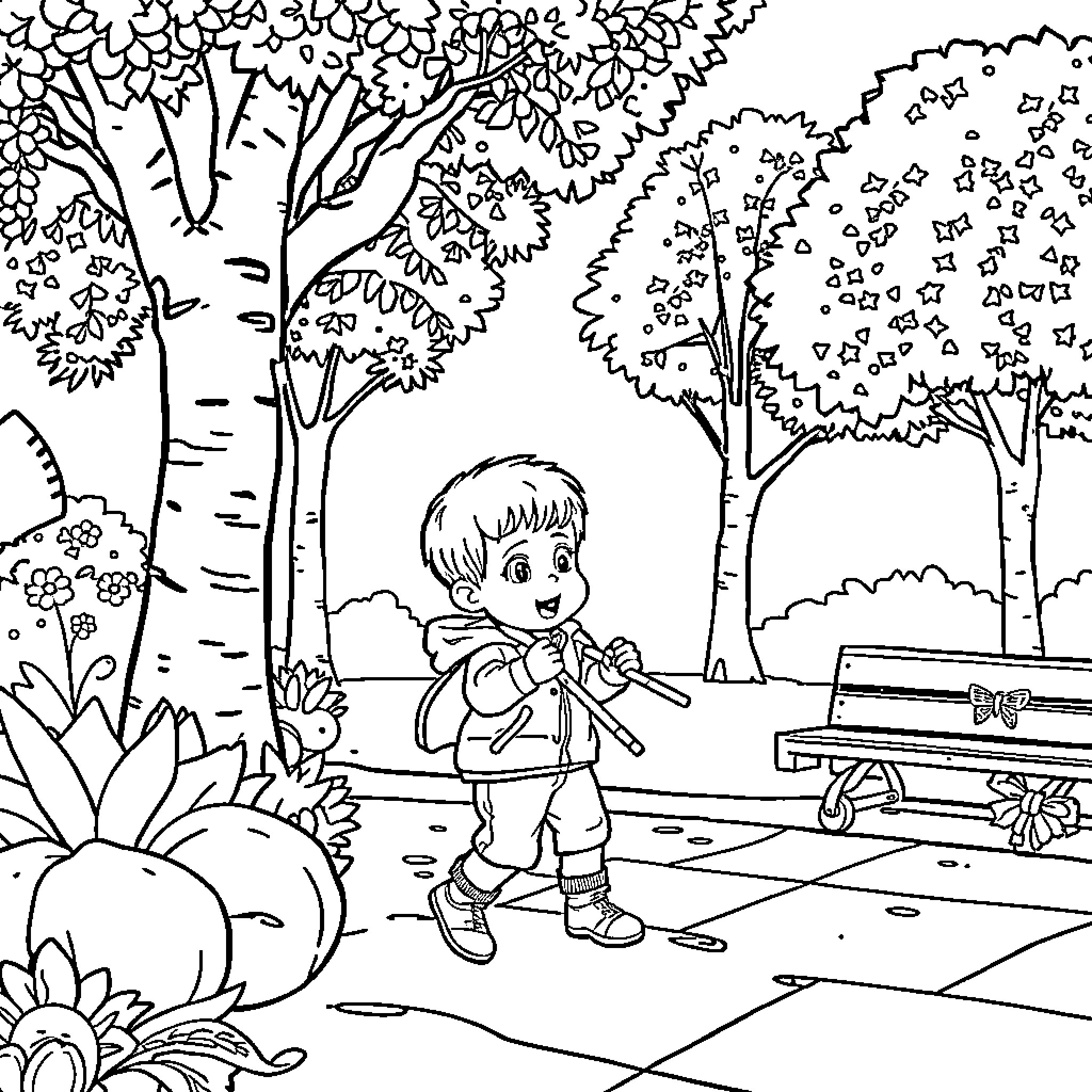 Niño exploring the enchanting forest Coloring Page (free black-and-white line drawing printable PDF for all, from beginners to advanced learners, including children, teens, adults, and seniors)