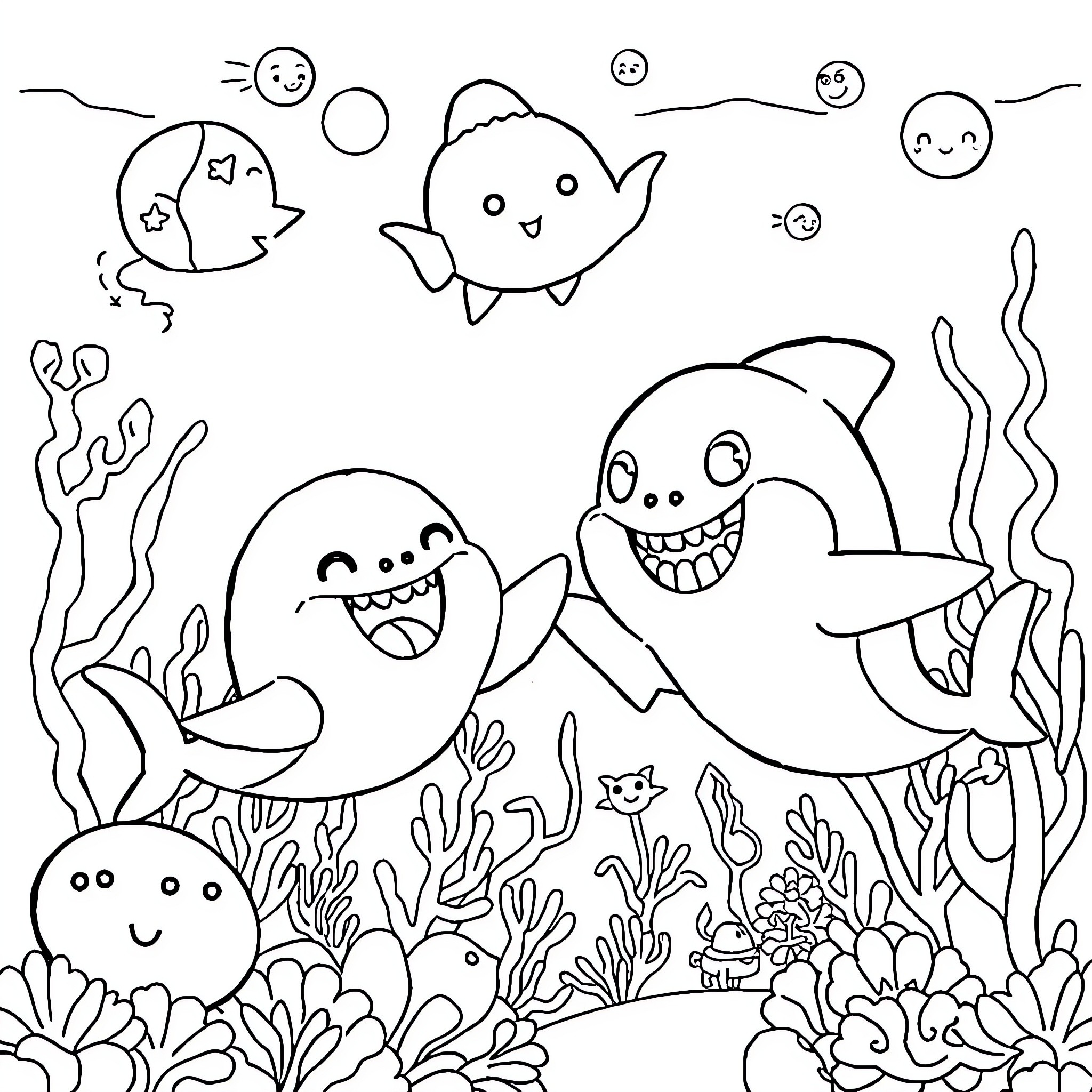Cocomelon Underwater Creatures Having Fun Coloring Page (free black-and-white line drawing printable PDF for all, from beginners to advanced learners, including children, teens, adults, and seniors)