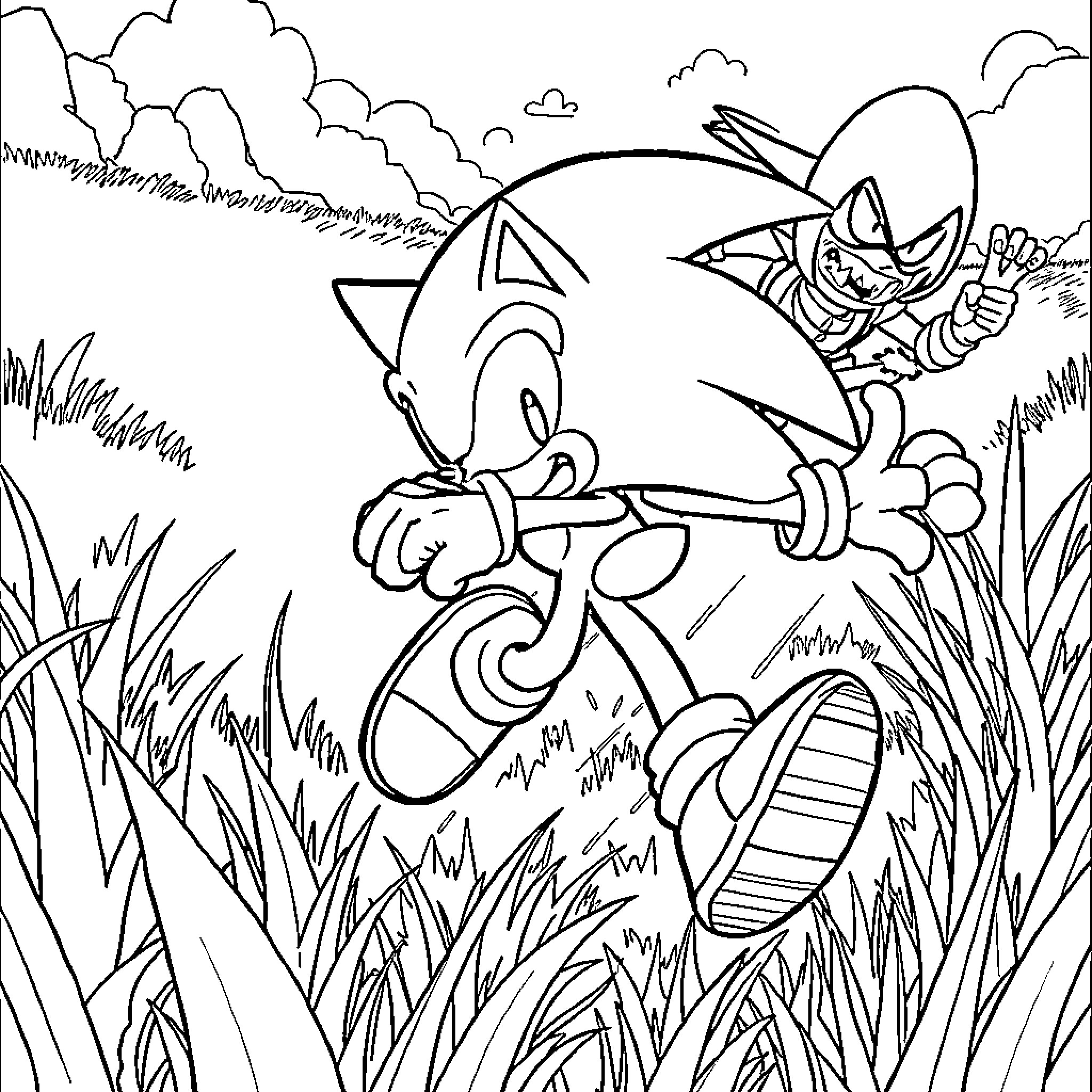 Sonic running through the grassy field Coloring Page (free black-and-white line drawing printable PDF for all, from beginners to advanced learners, including children, teens, adults, and seniors)
