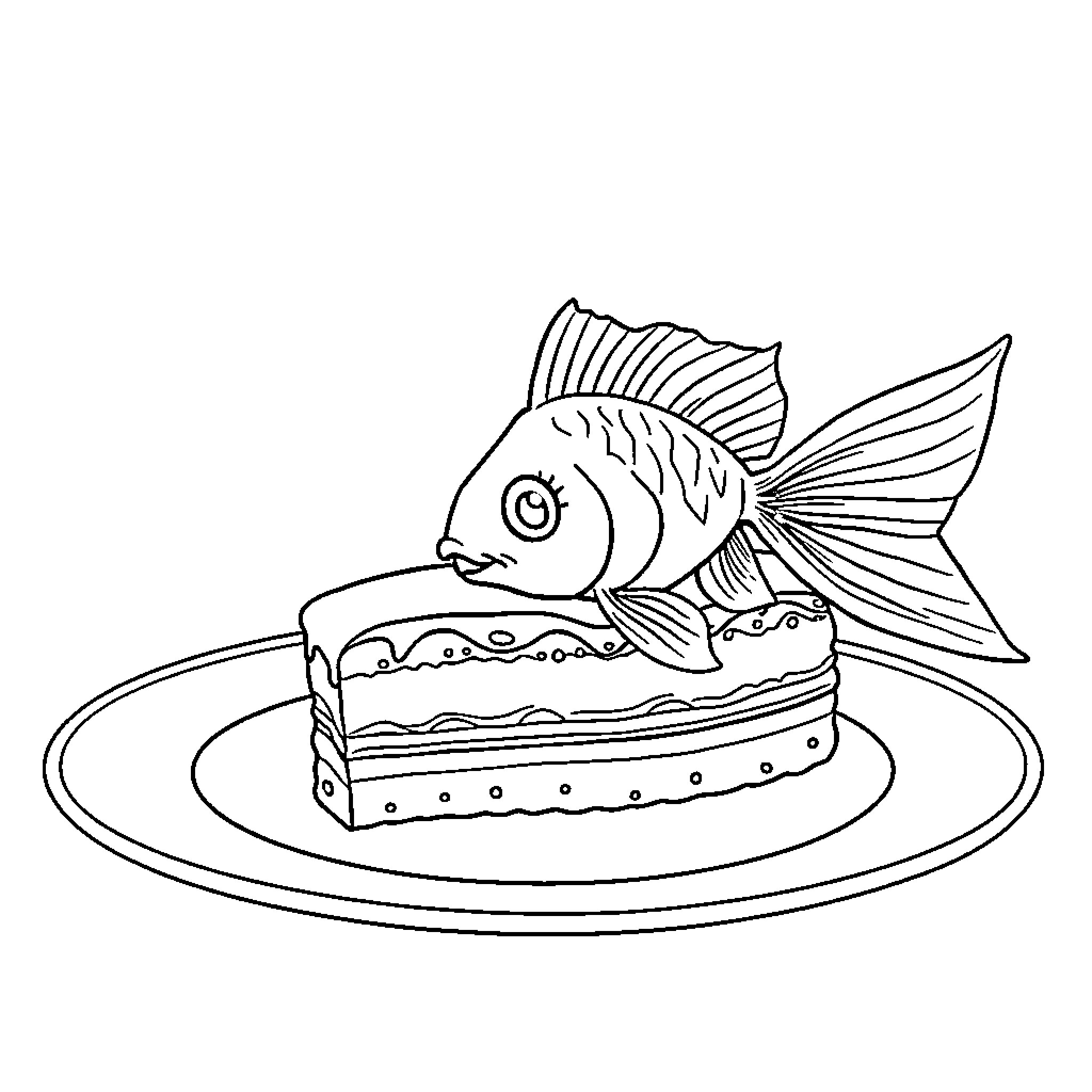 Goldfish admiring a delectable dessert Coloring Page (free black-and-white line drawing printable PDF for all, from beginners to advanced learners, including children, teens, adults, and seniors)