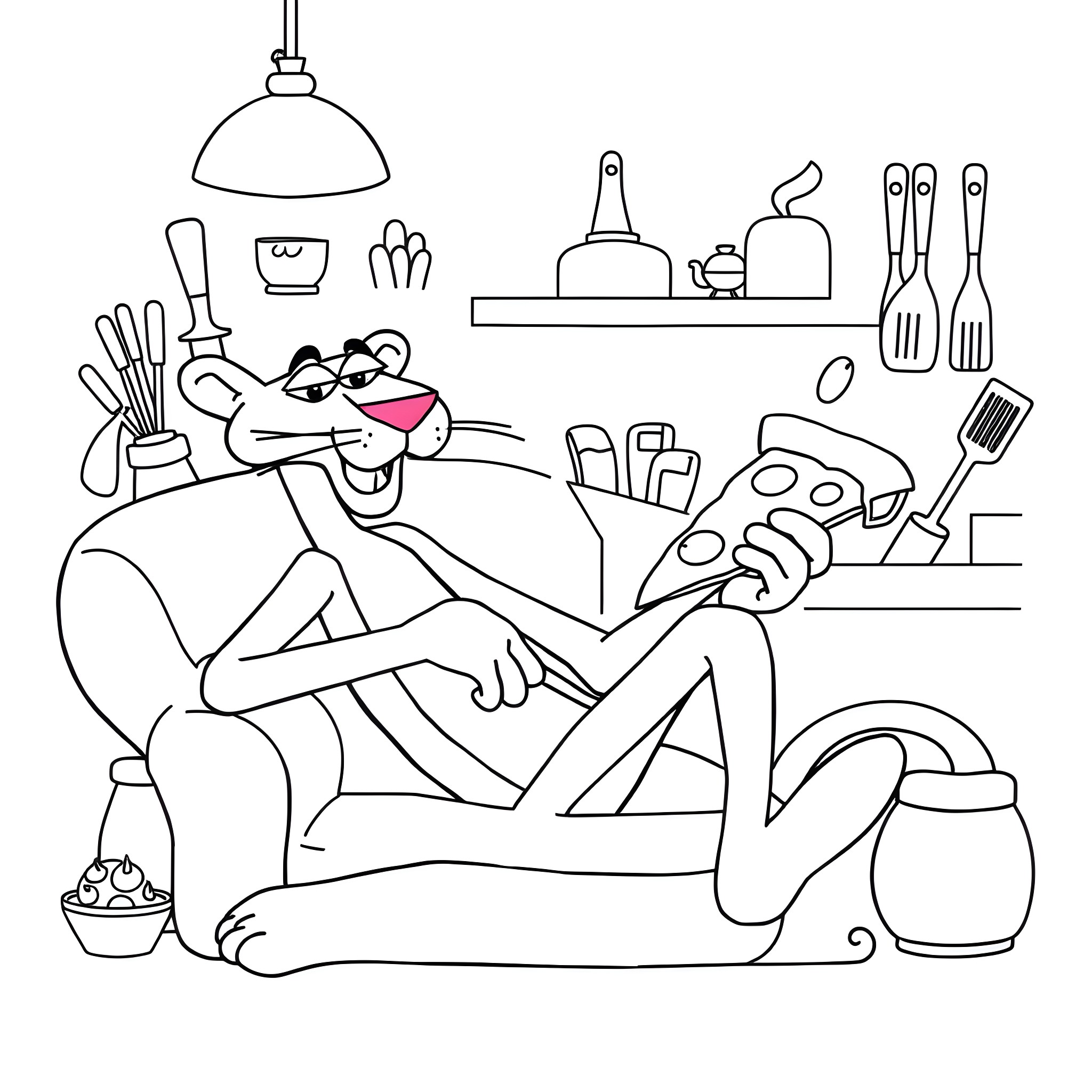 Pink Panther relaxing in the kitchen Coloring Page (free black-and-white line drawing printable PDF for all, from beginners to advanced learners, including children, teens, adults, and seniors)