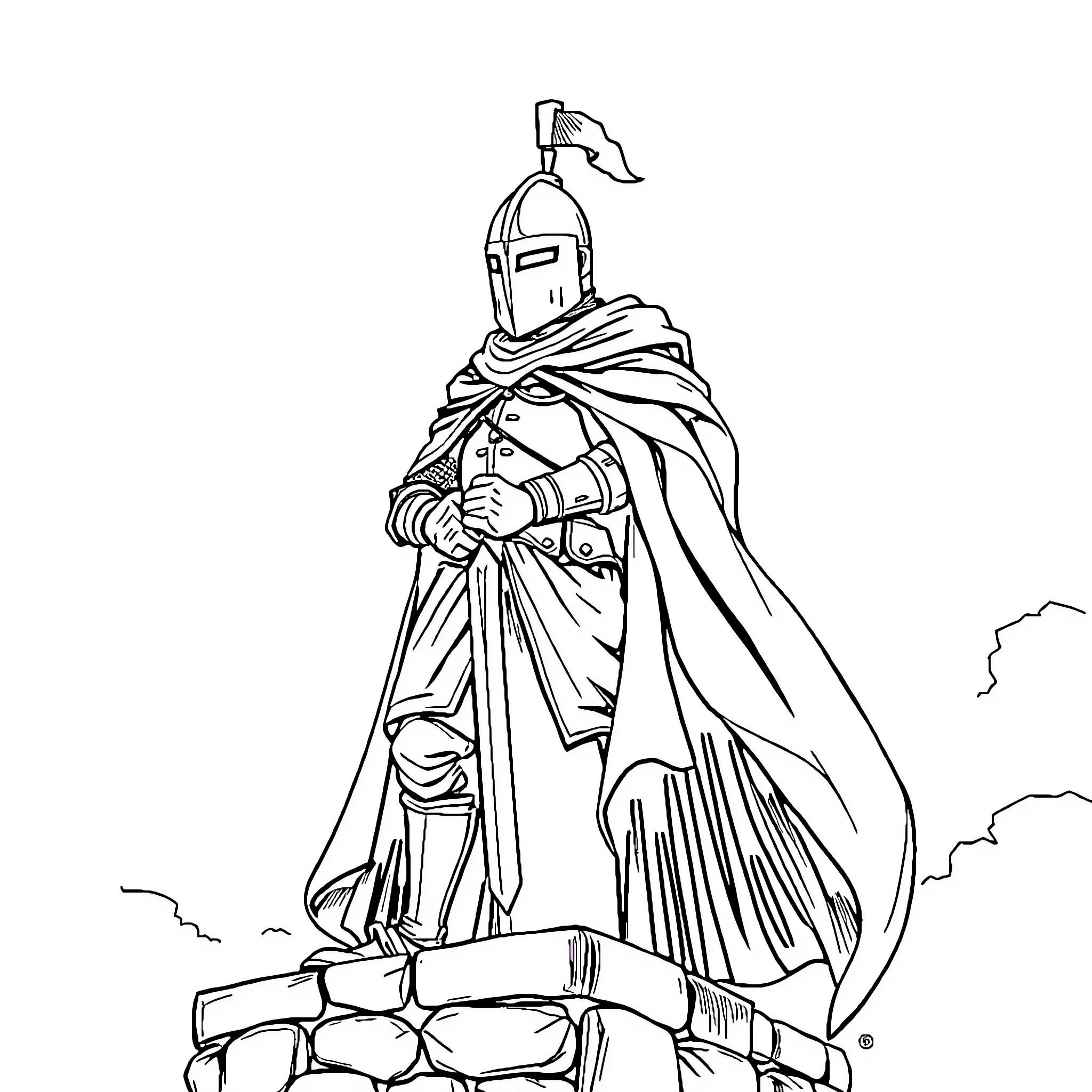 Knight Standing Vigilantly on Cliff Coloring Page (free black-and-white line drawing printable PDF for all, from beginners to advanced learners, including children, teens, adults, and seniors)