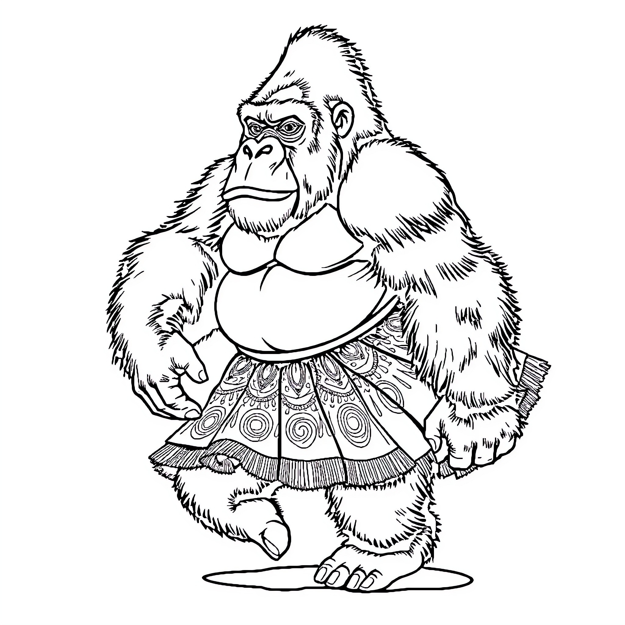Gorilla wearing a colorful patterned dress Coloring Page (free black-and-white line drawing printable PDF for all, from beginners to advanced learners, including children, teens, adults, and seniors)