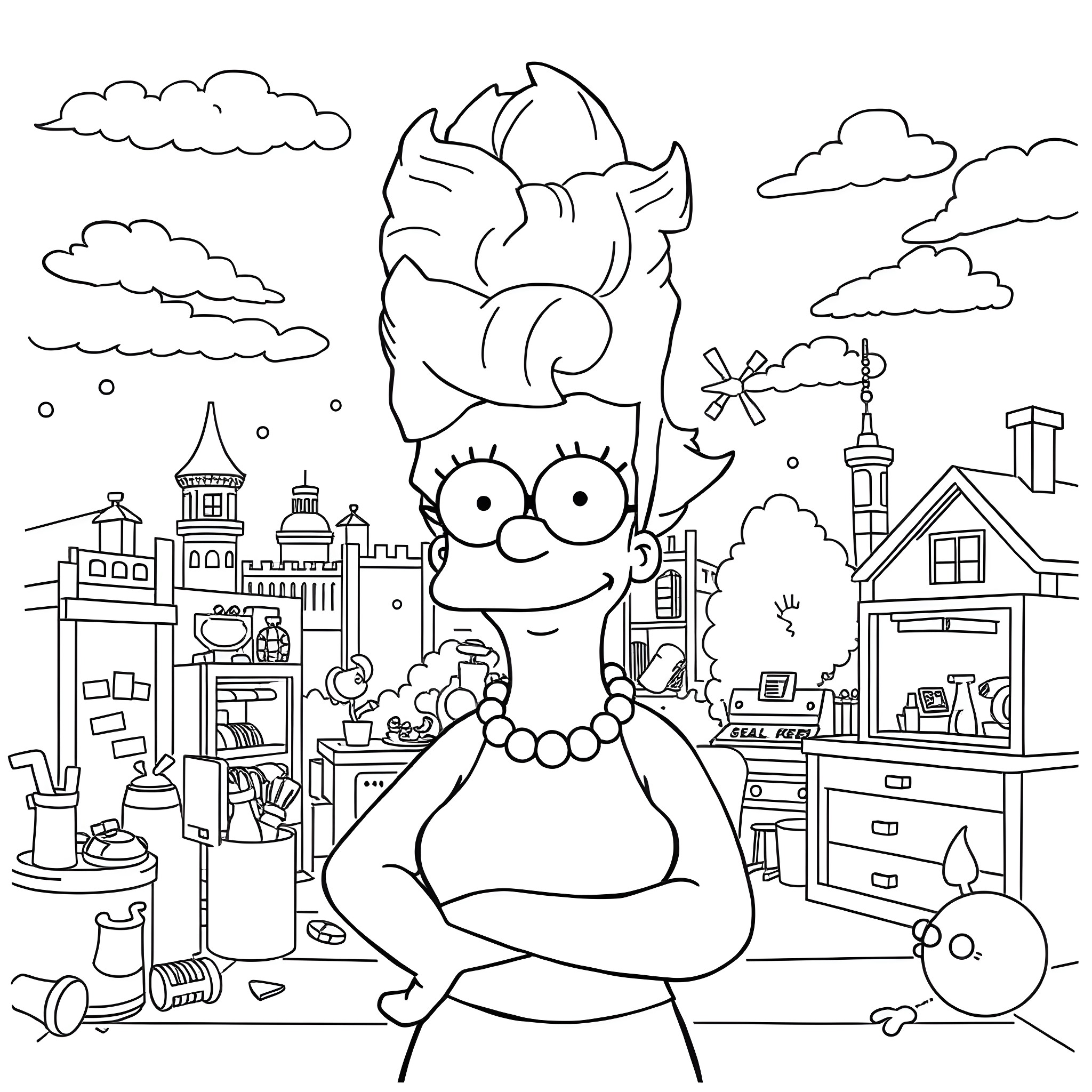 Marge Simpson's Imaginative Household Scene Coloring Page (free black-and-white line drawing printable PDF for all, from beginners to advanced learners, including children, teens, adults, and seniors)