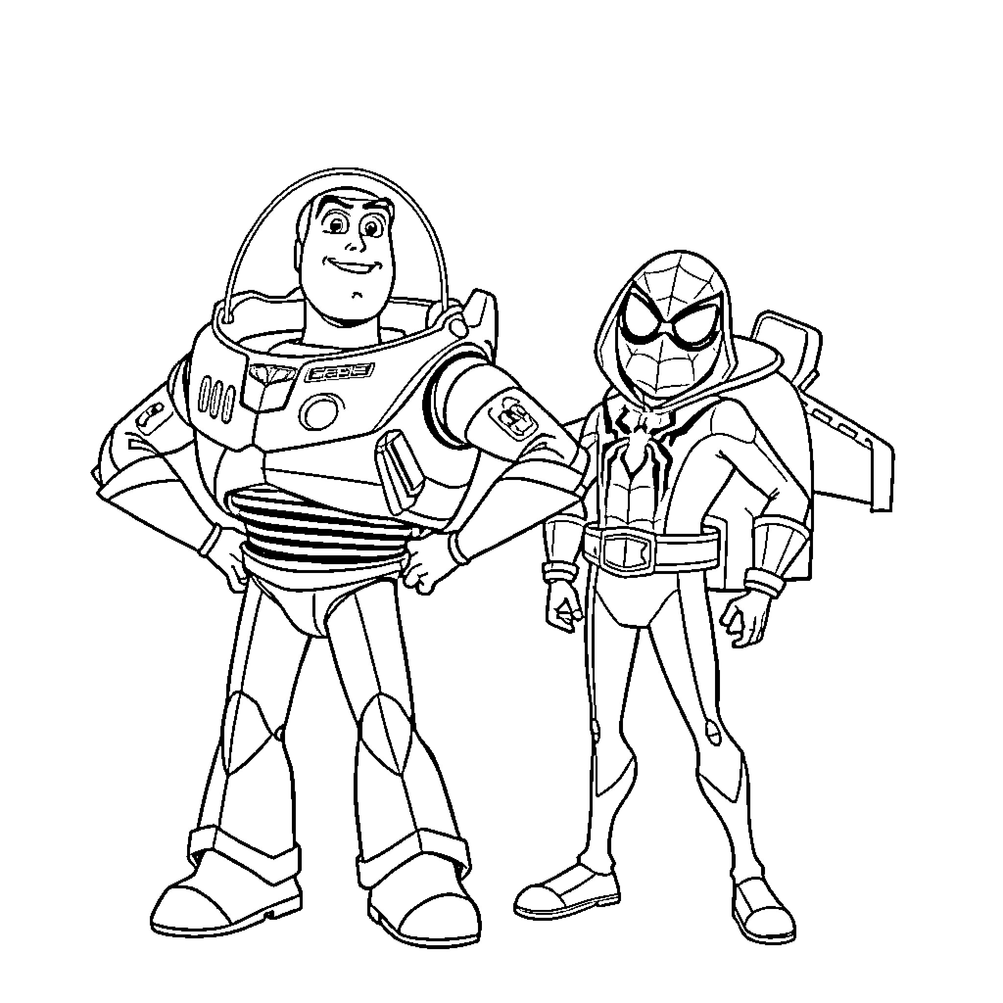 Buzz Lightyear and Spider-Man in Action Coloring Page (free black-and-white line drawing printable PDF for all, from beginners to advanced learners, including children, teens, adults, and seniors)
