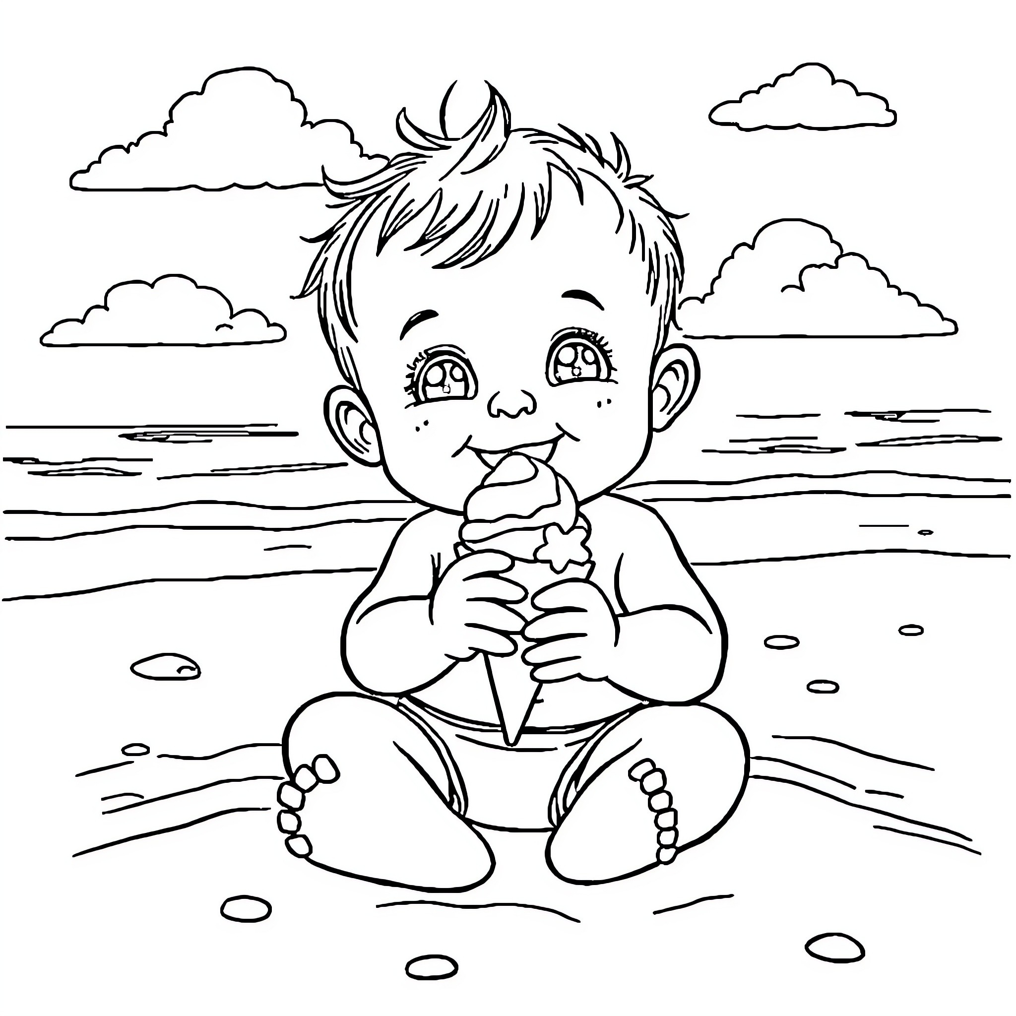 Baby playing happily with ice cream on the beach Coloring Page (free black-and-white line drawing printable PDF for all, from beginners to advanced learners, including children, teens, adults, and seniors)