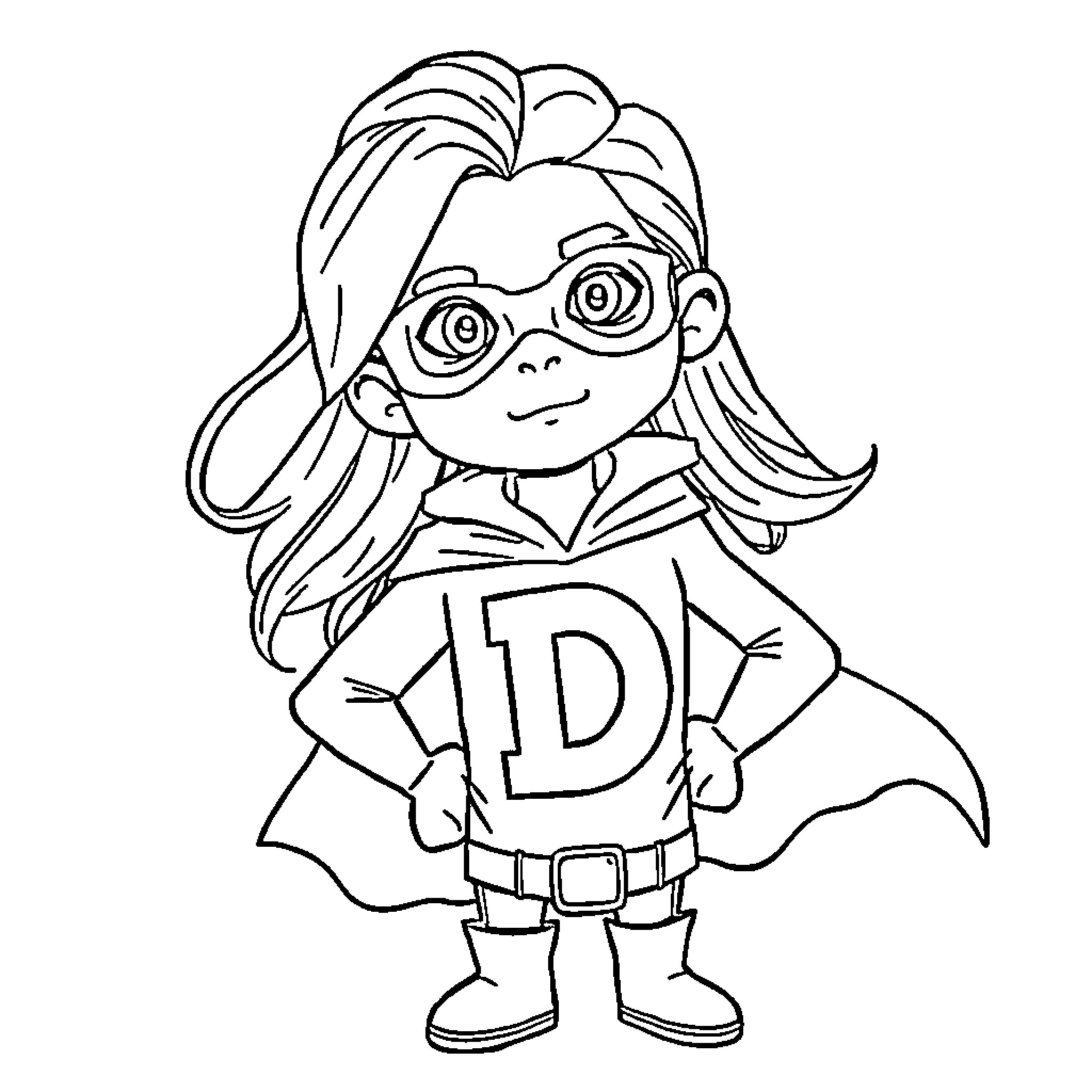 Kid superhero character in costume Coloring Page (free black-and-white line drawing printable PDF for all, from beginners to advanced learners, including children, teens, adults, and seniors)