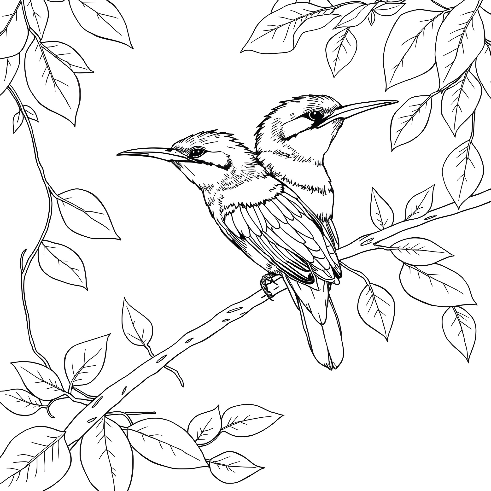 Bee Eater Birds Perched on Branch Coloring Page (free black-and-white line drawing printable PDF for all, from beginners to advanced learners, including children, teens, adults, and seniors)