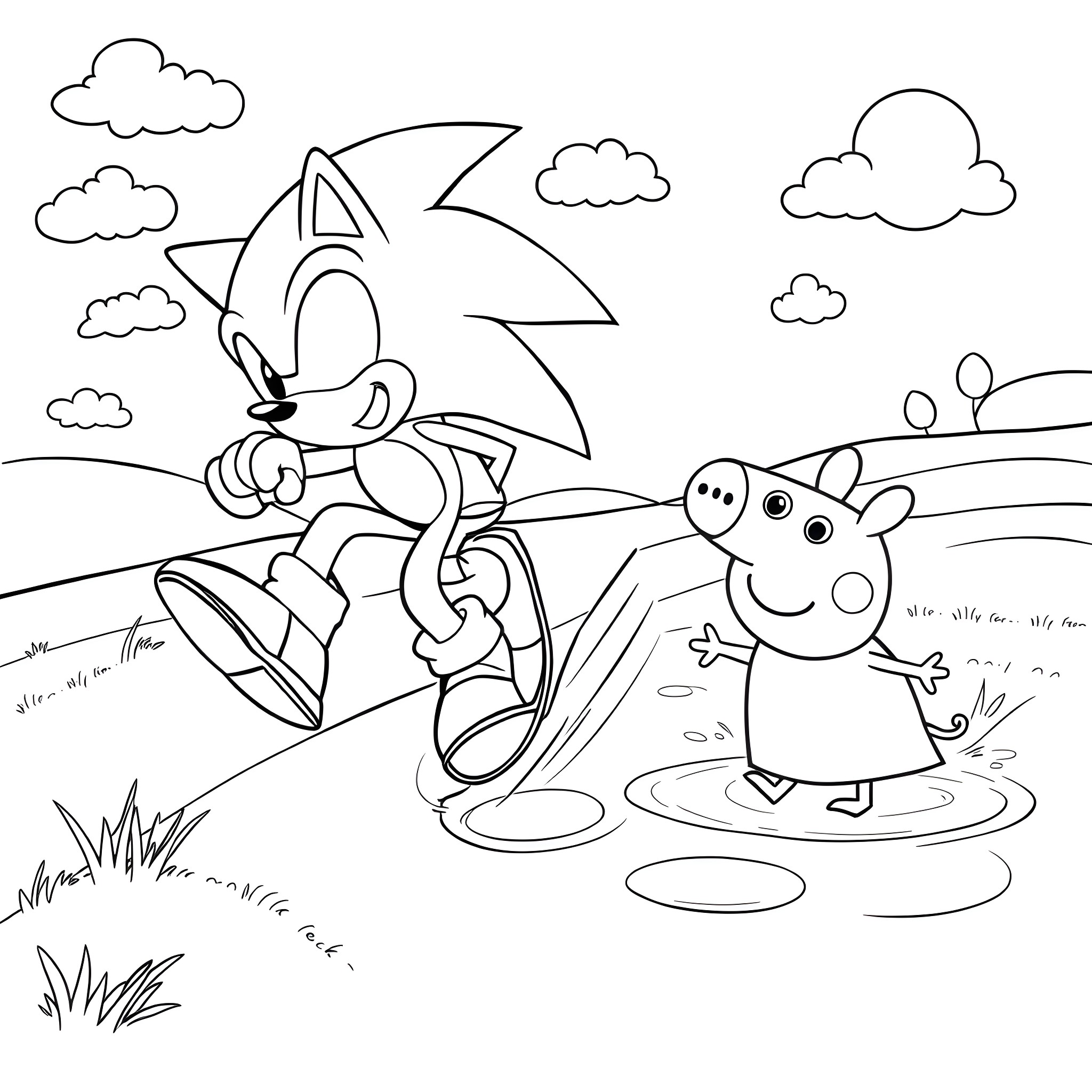 Sonic running and splashing with Peppa Pig in the countryside Coloring Page (free black-and-white line drawing printable PDF for all, from beginners to advanced learners, including children, teens, adults, and seniors)