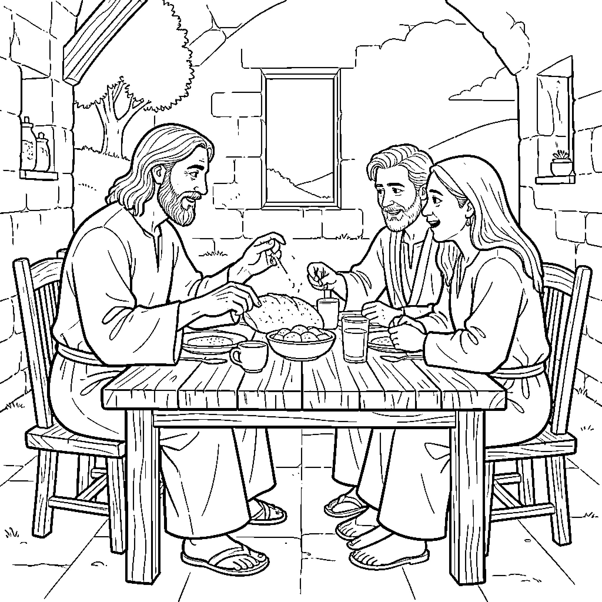 Jesus sharing a meal with his disciples Coloring Page (free black-and-white line drawing printable PDF for all, from beginners to advanced learners, including children, teens, adults, and seniors)