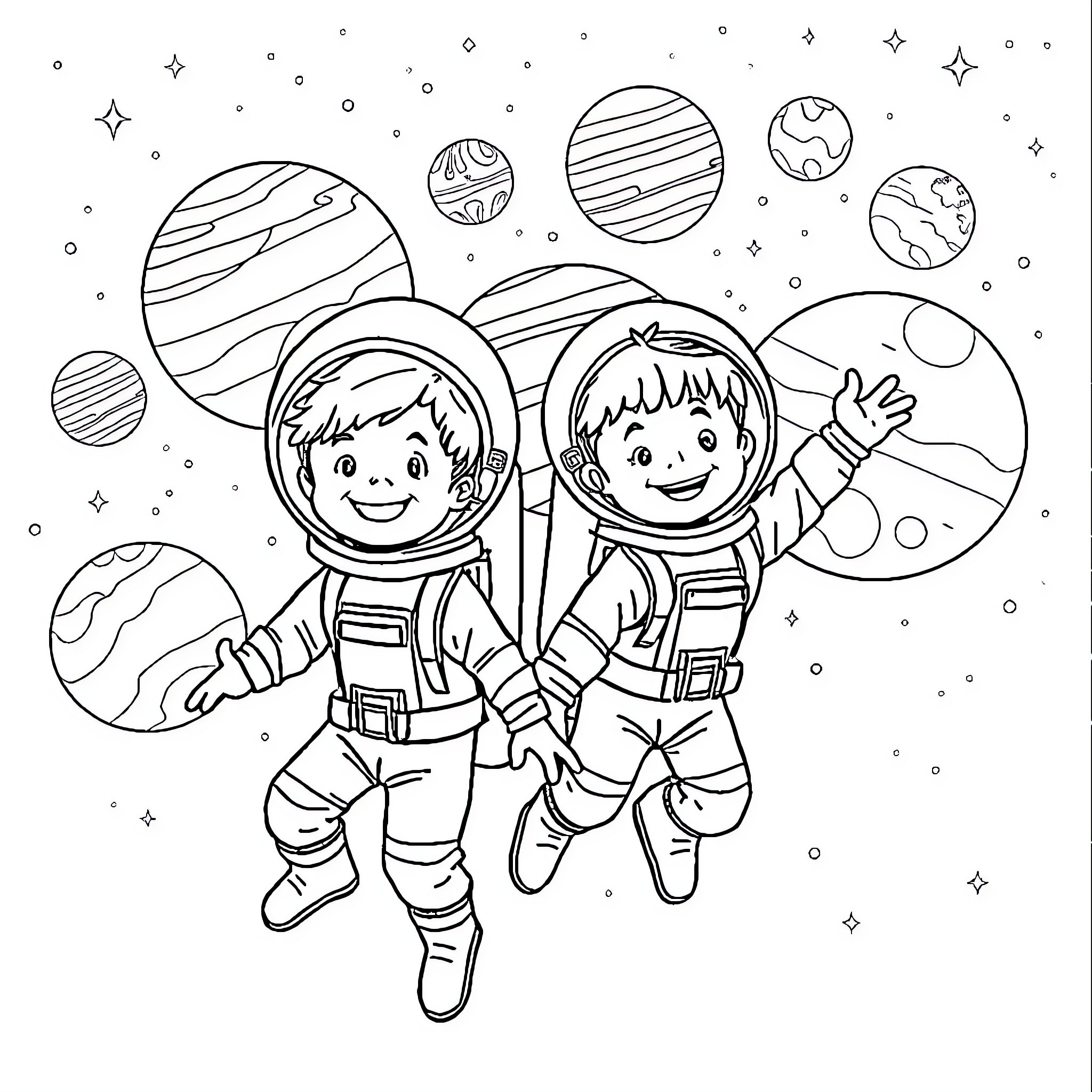 Astronauts exploring the vast cosmos Coloring Page (free black-and-white line drawing printable PDF for all, from beginners to advanced learners, including children, teens, adults, and seniors)