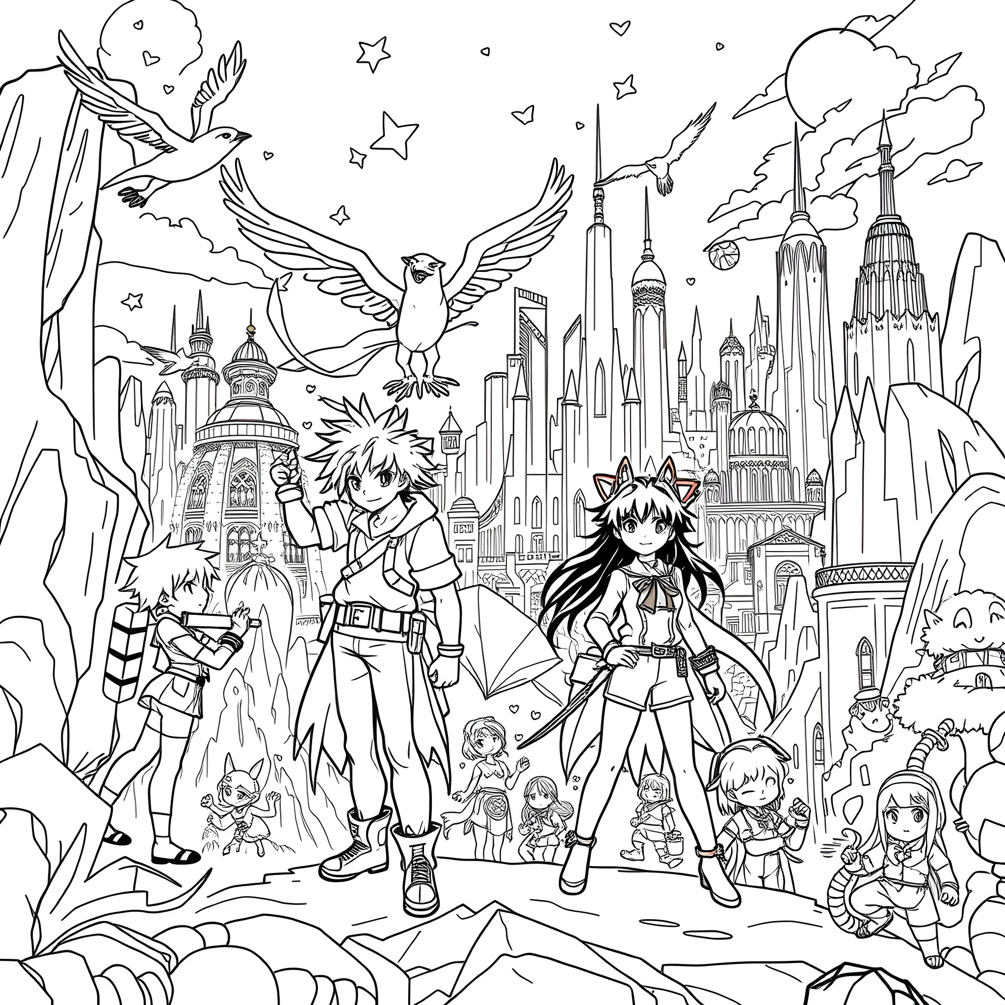 Anime Characters in Fantastical City Adventure Coloring Page (free black-and-white line drawing printable PDF for all, from beginners to advanced learners, including children, teens, adults, and seniors)