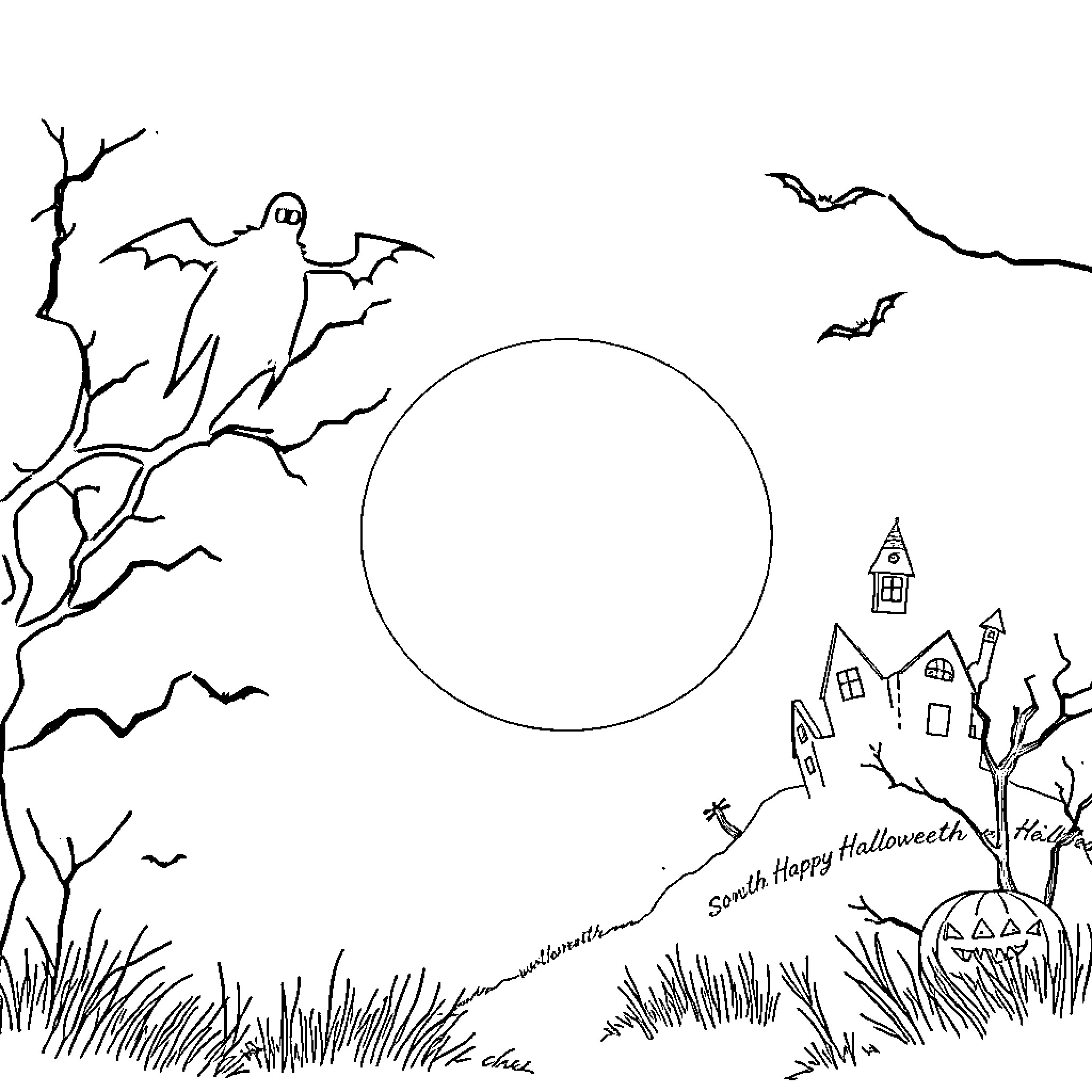 Halloween night with ghostly creatures and haunted houses Coloring Page (free black-and-white line drawing printable PDF for all, from beginners to advanced learners, including children, teens, adults, and seniors)