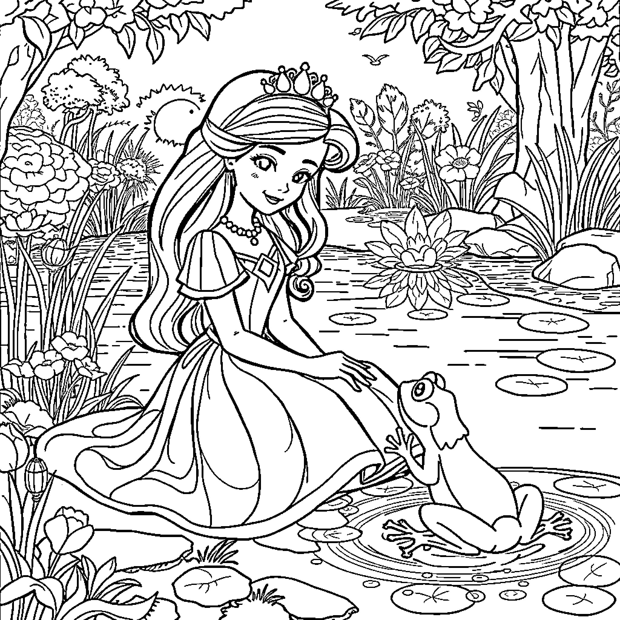 Princess exploring a magical pond with a frog Coloring Page (free black-and-white line drawing printable PDF for all, from beginners to advanced learners, including children, teens, adults, and seniors)