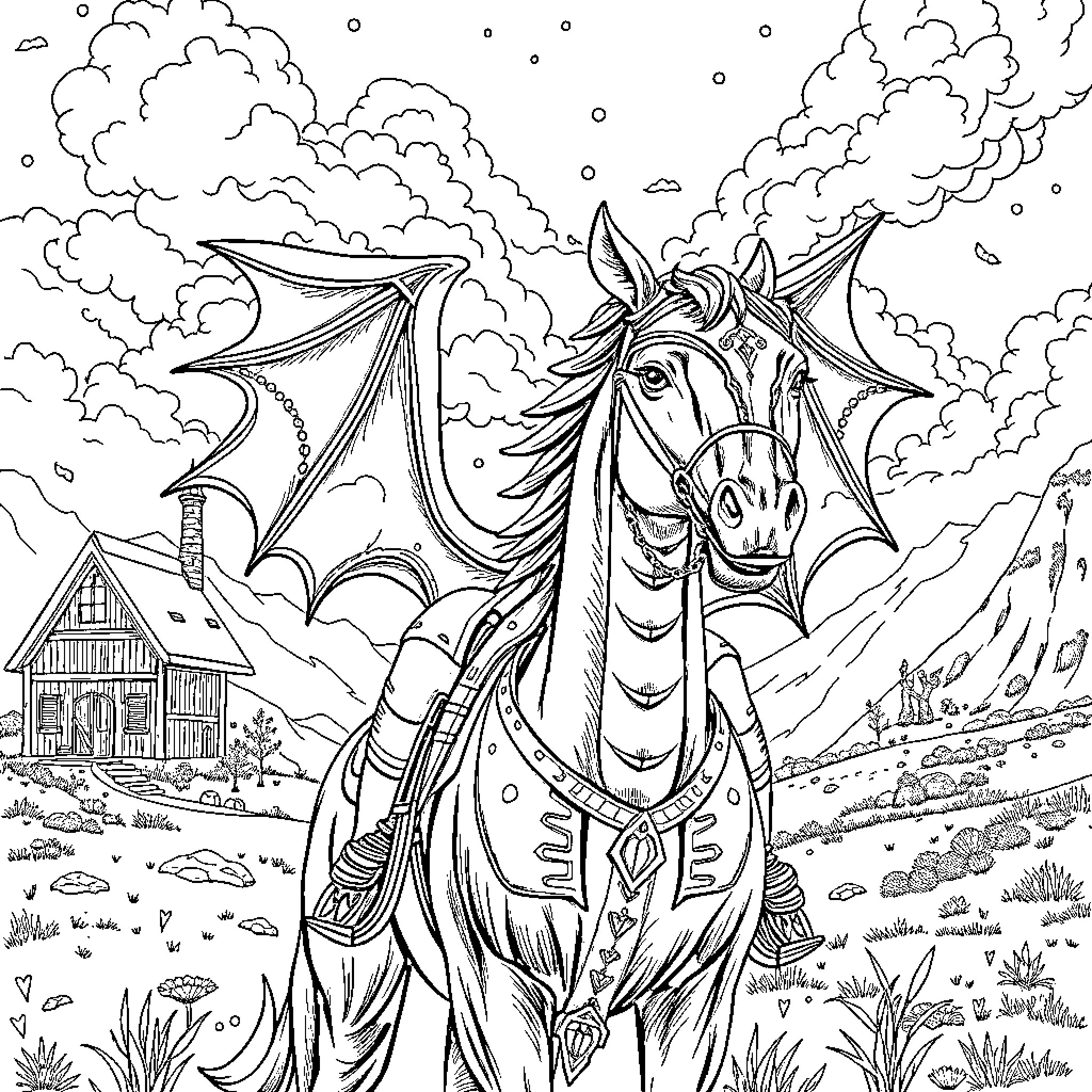Dragon soaring over a magical landscape Coloring Page (free black-and-white line drawing printable PDF for all, from beginners to advanced learners, including children, teens, adults, and seniors)