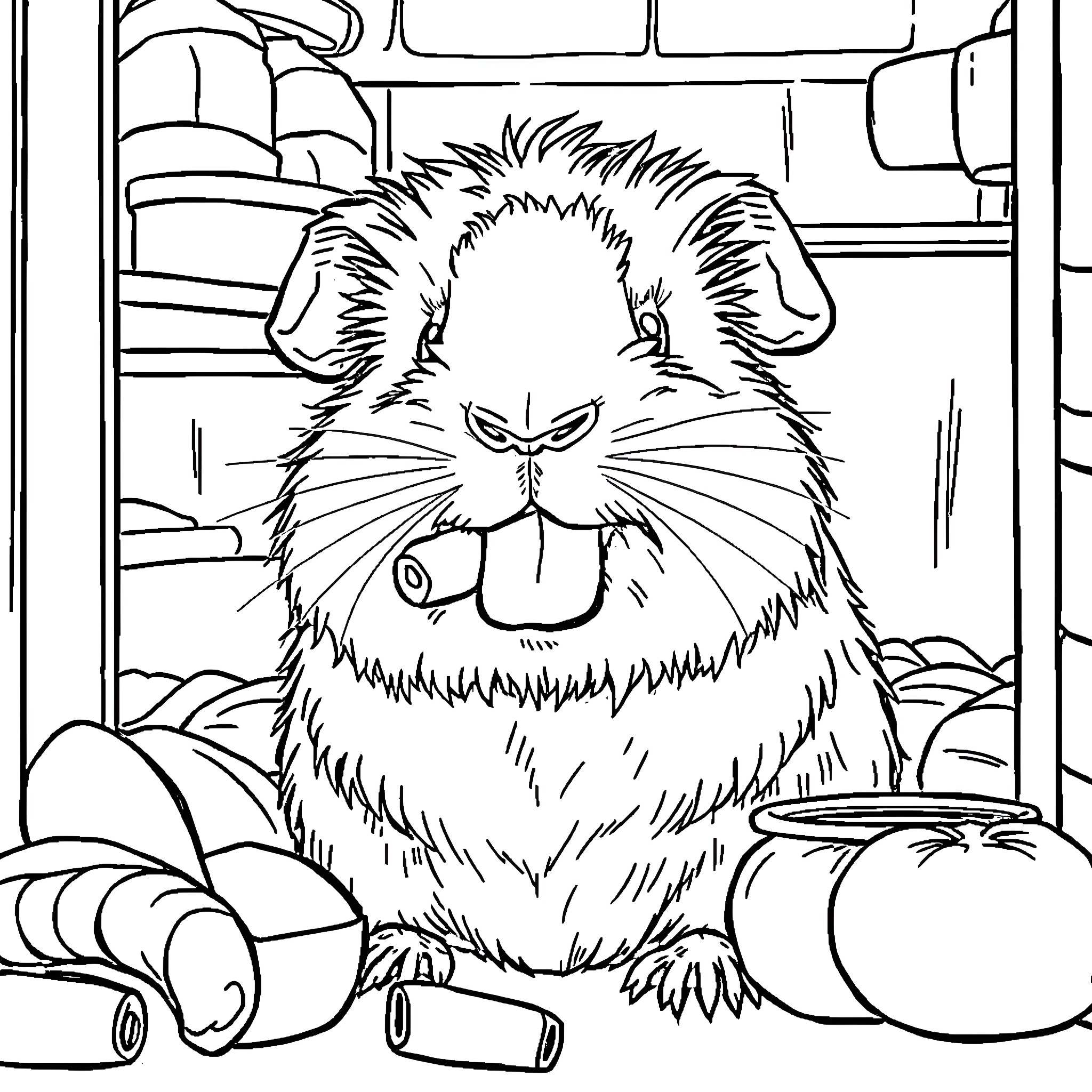 Guinea Pig in a messy room Coloring Page (free black-and-white line drawing printable PDF for all, from beginners to advanced learners, including children, teens, adults, and seniors)