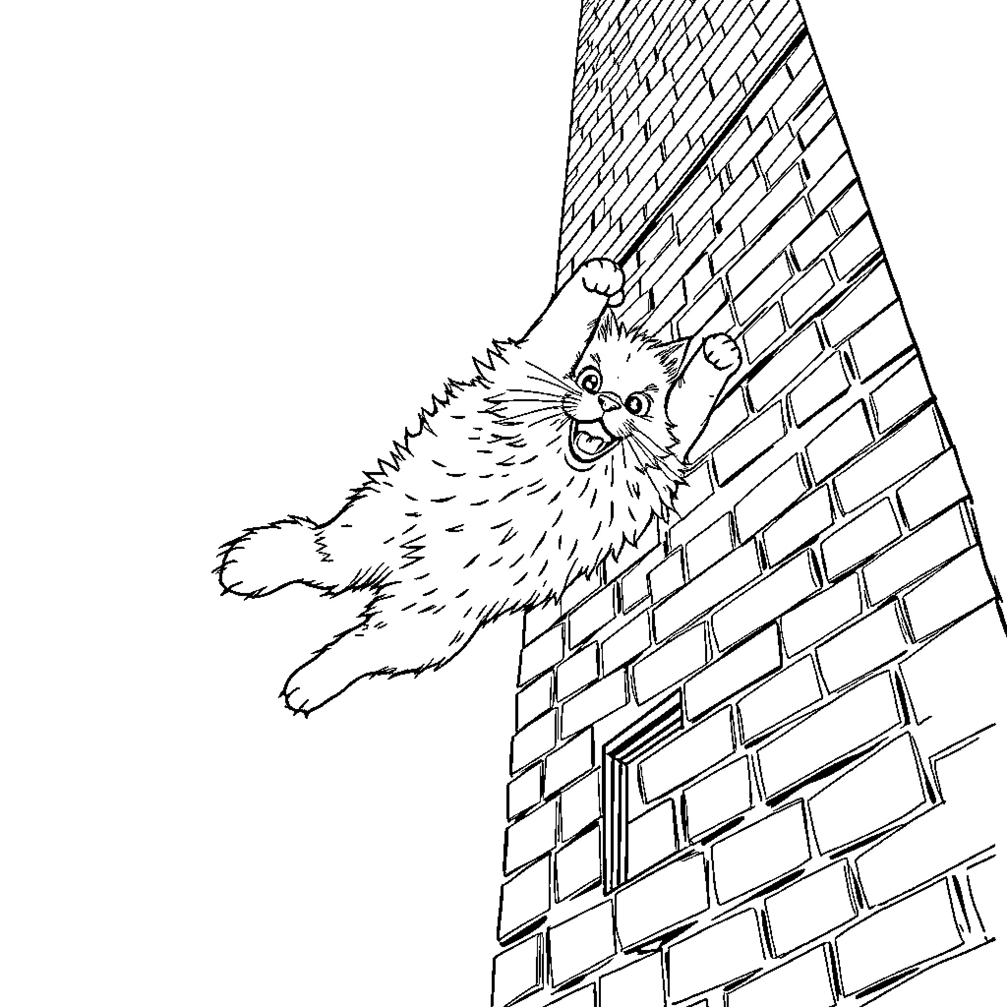 Cat climbing up brick wall Coloring Page (free black-and-white line drawing printable PDF for all, from beginners to advanced learners, including children, teens, adults, and seniors)