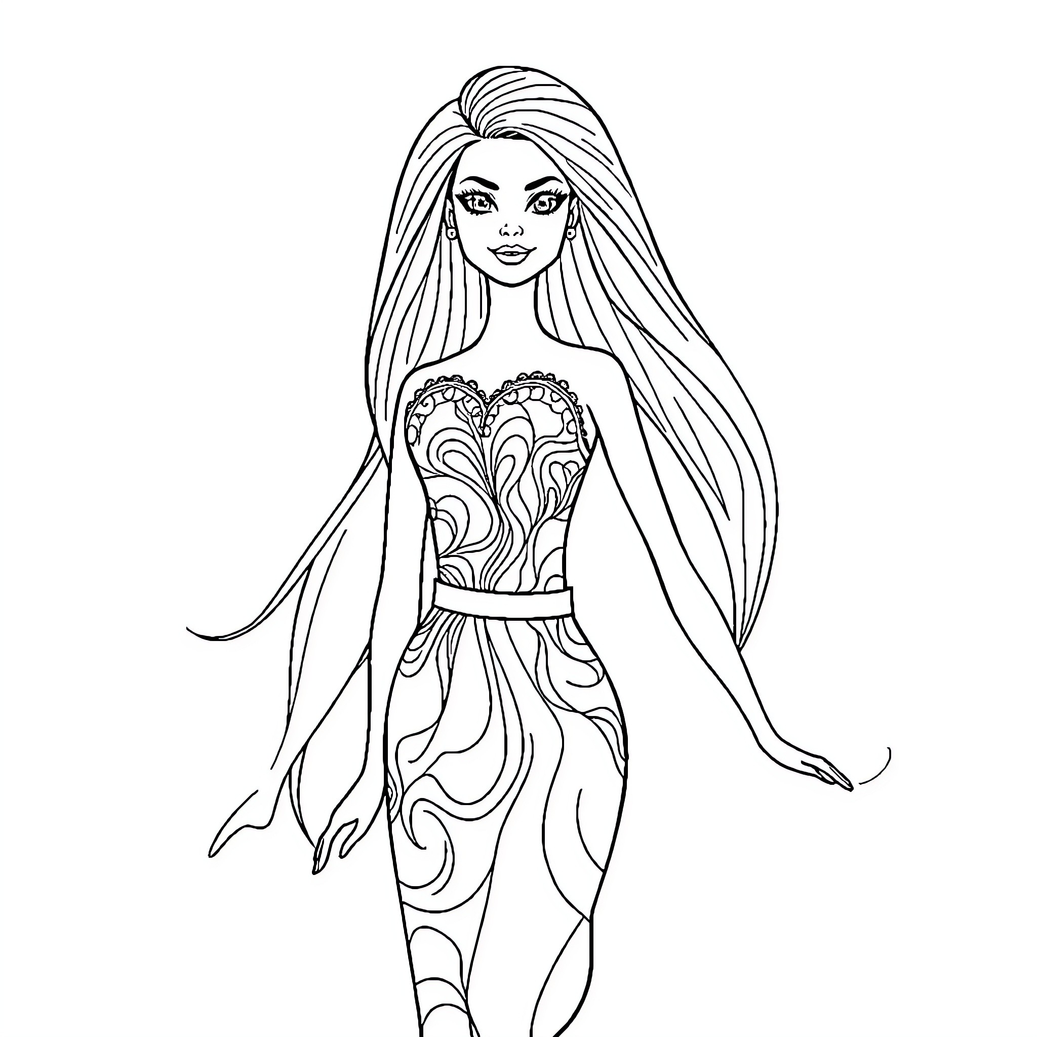 Barbie in a Graceful Dress Coloring Page (free black-and-white line drawing printable PDF for all, from beginners to advanced learners, including children, teens, adults, and seniors)