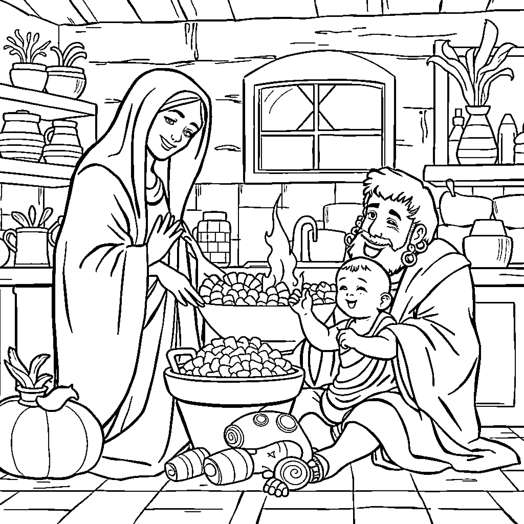 Virgin Mary blesses family with bountiful harvest Coloring Page (free black-and-white line drawing printable PDF for all, from beginners to advanced learners, including children, teens, adults, and seniors)