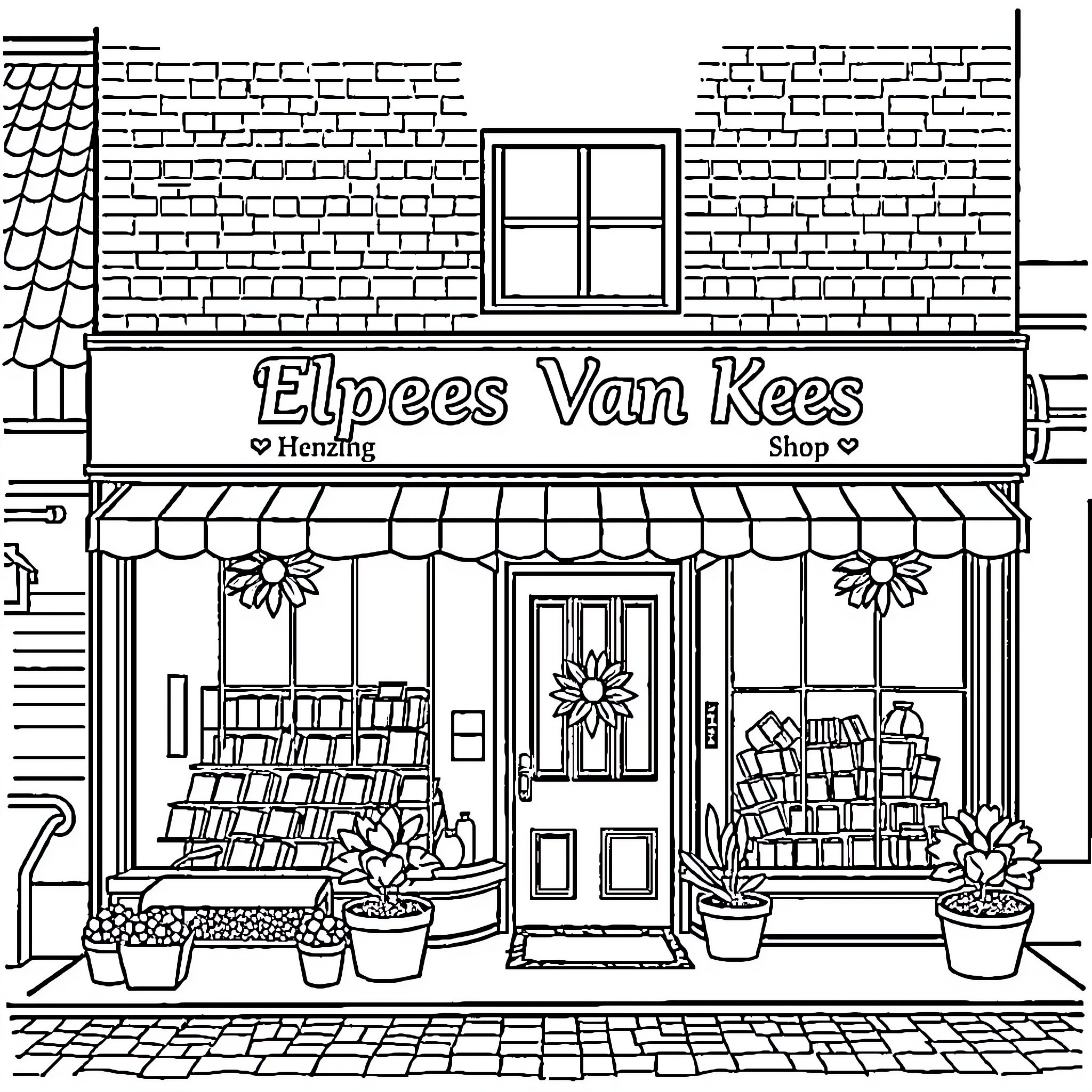 Drawing of a Floral Storefront with Signage Coloring Page (free black-and-white line drawing printable PDF for all, from beginners to advanced learners, including children, teens, adults, and seniors)