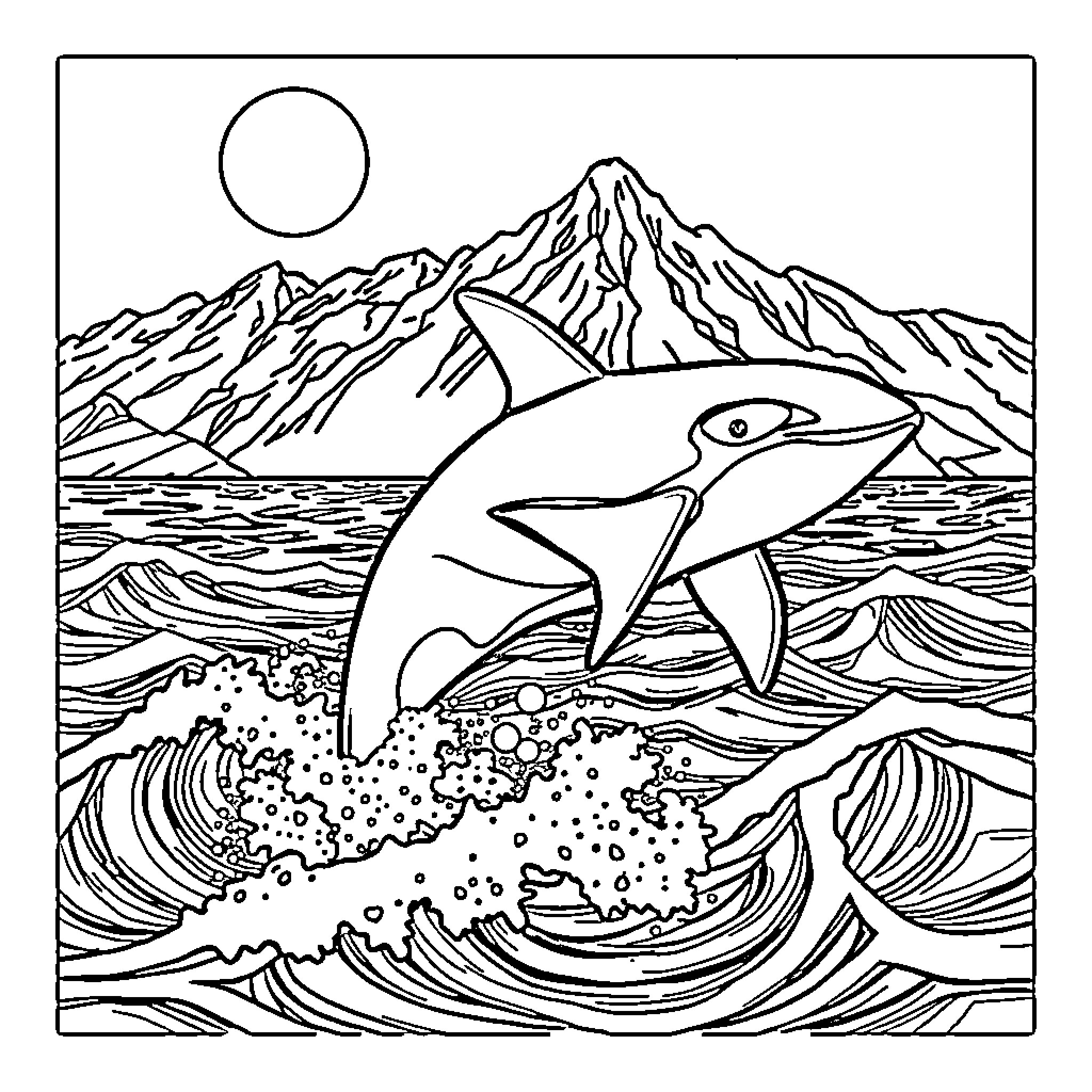 Killer Whale Jumping through Waves in the Ocean Coloring Page (free black-and-white line drawing printable PDF for all, from beginners to advanced learners, including children, teens, adults, and seniors)