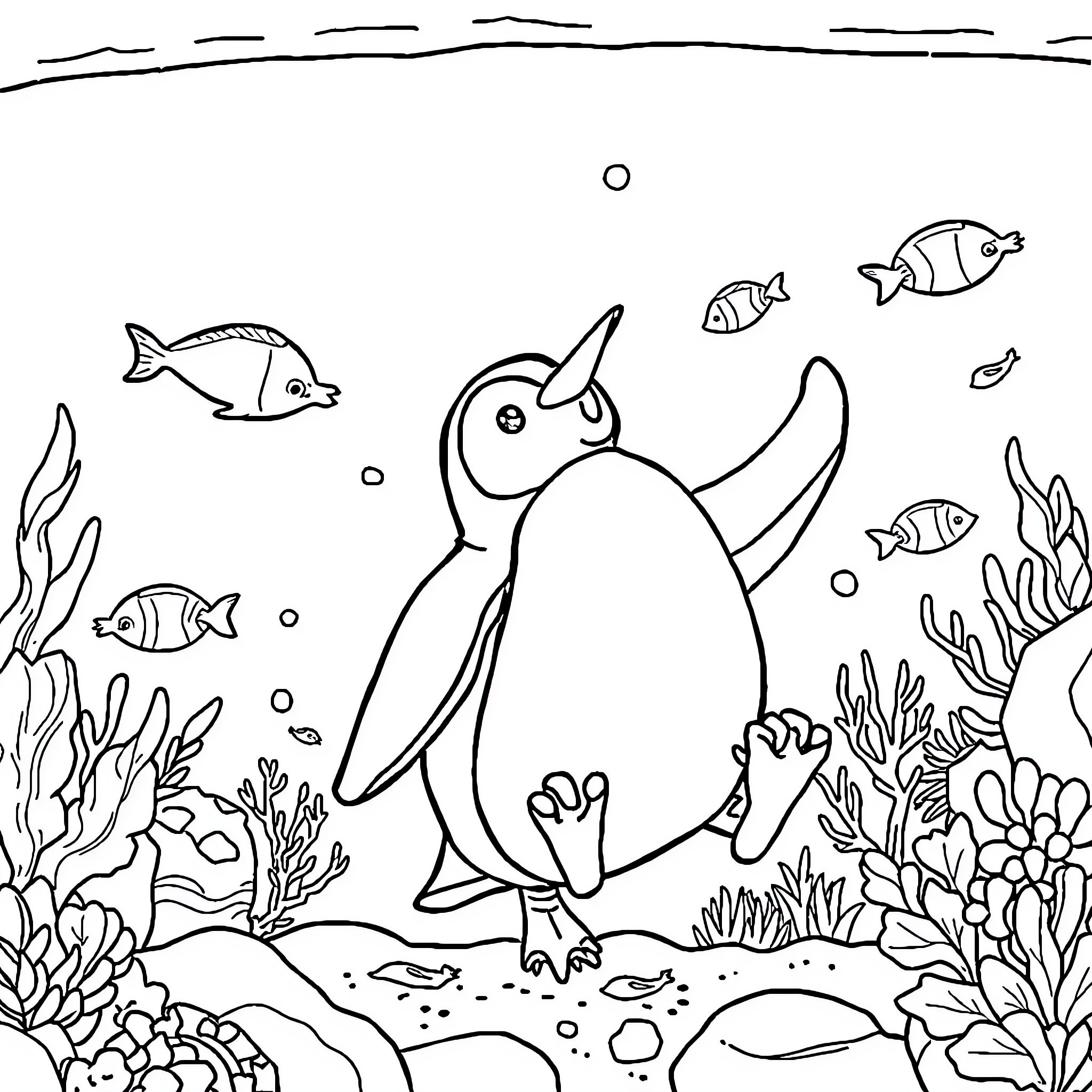 Penguin exploring the underwater world with sea creatures Coloring Page (free black-and-white line drawing printable PDF for all, from beginners to advanced learners, including children, teens, adults, and seniors)