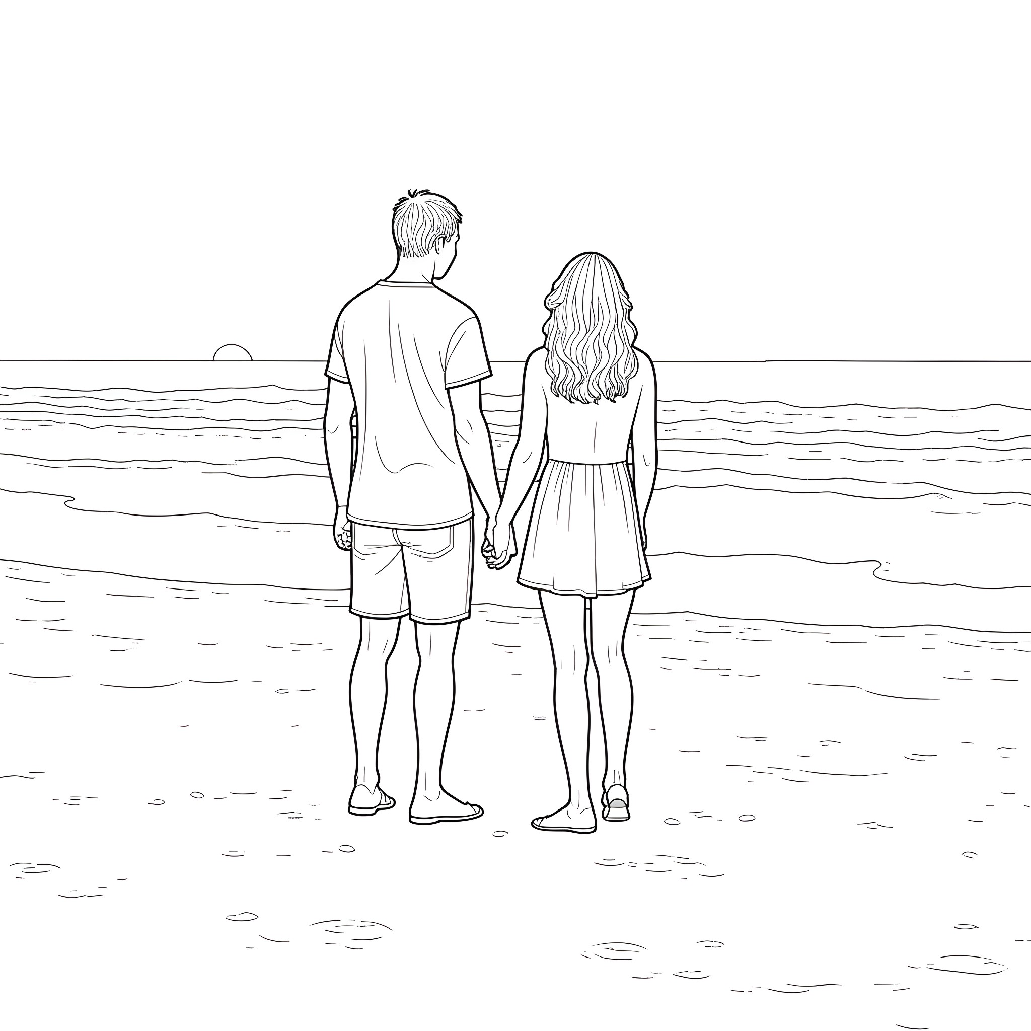 Beach scene of couple strolling together Coloring Page (free black-and-white line drawing printable PDF for all, from beginners to advanced learners, including children, teens, adults, and seniors)