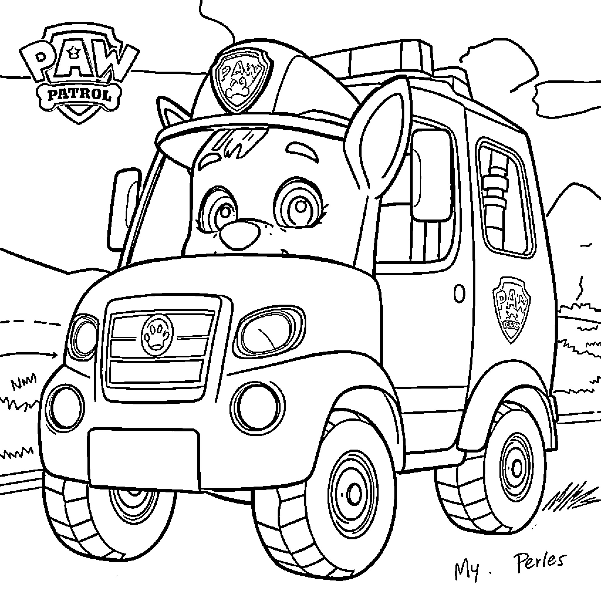 Patrouille paw patrol vehicle in action Coloring Page (free black-and-white line drawing printable PDF for all, from beginners to advanced learners, including children, teens, adults, and seniors)