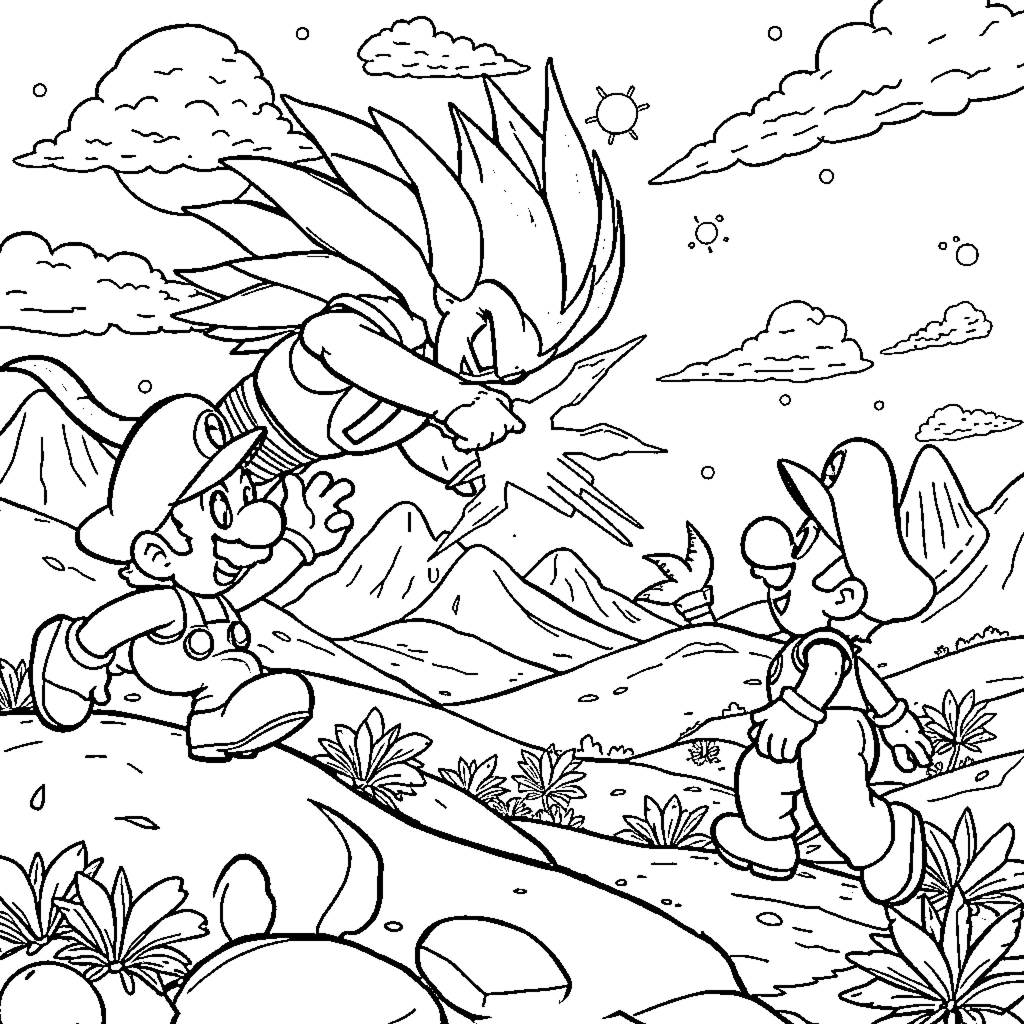 Mario's Adventurous Exploration in the Mountainous Landscape Coloring Page (free black-and-white line drawing printable PDF for all, from beginners to advanced learners, including children, teens, adults, and seniors)