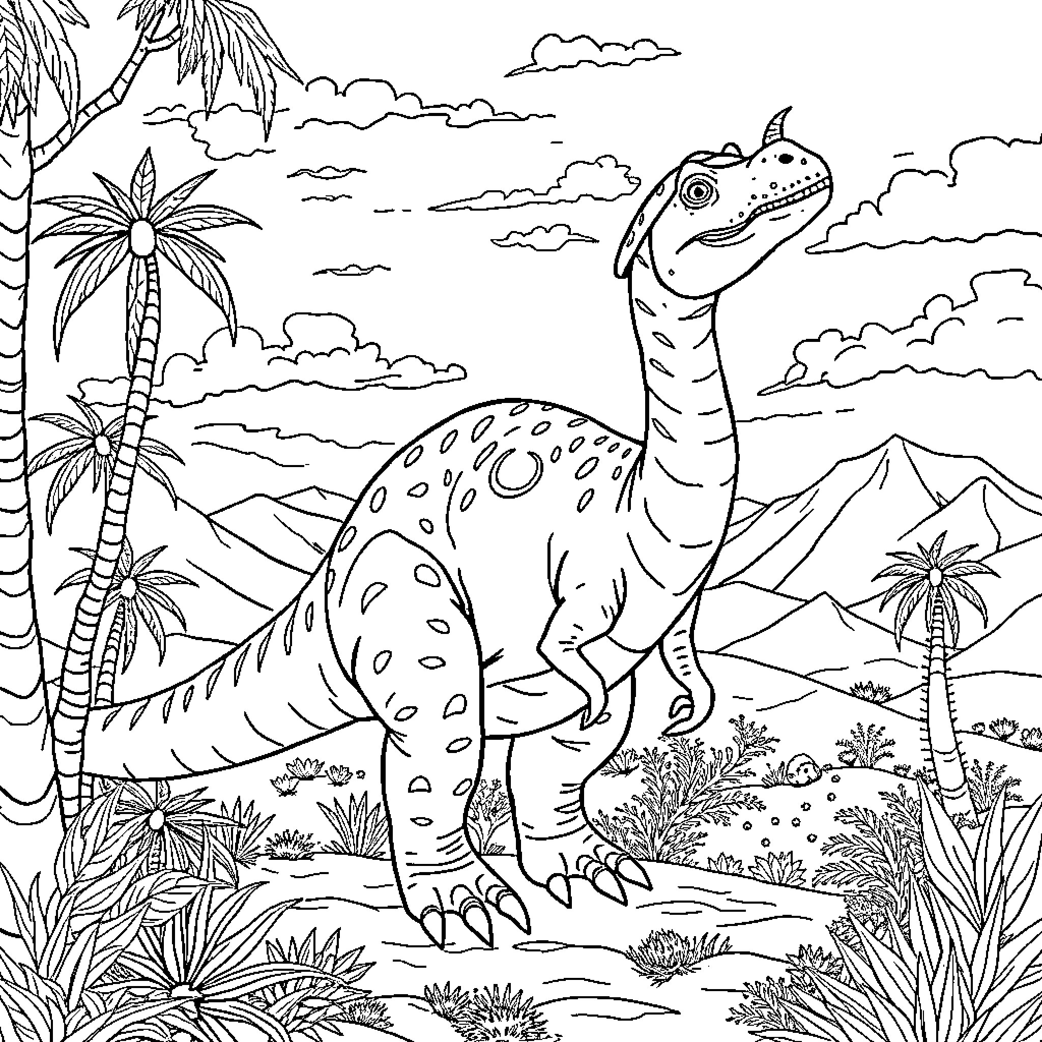 Tyrannosaurus exploring the prehistoric landscape Coloring Page (free black-and-white line drawing printable PDF for all, from beginners to advanced learners, including children, teens, adults, and seniors)