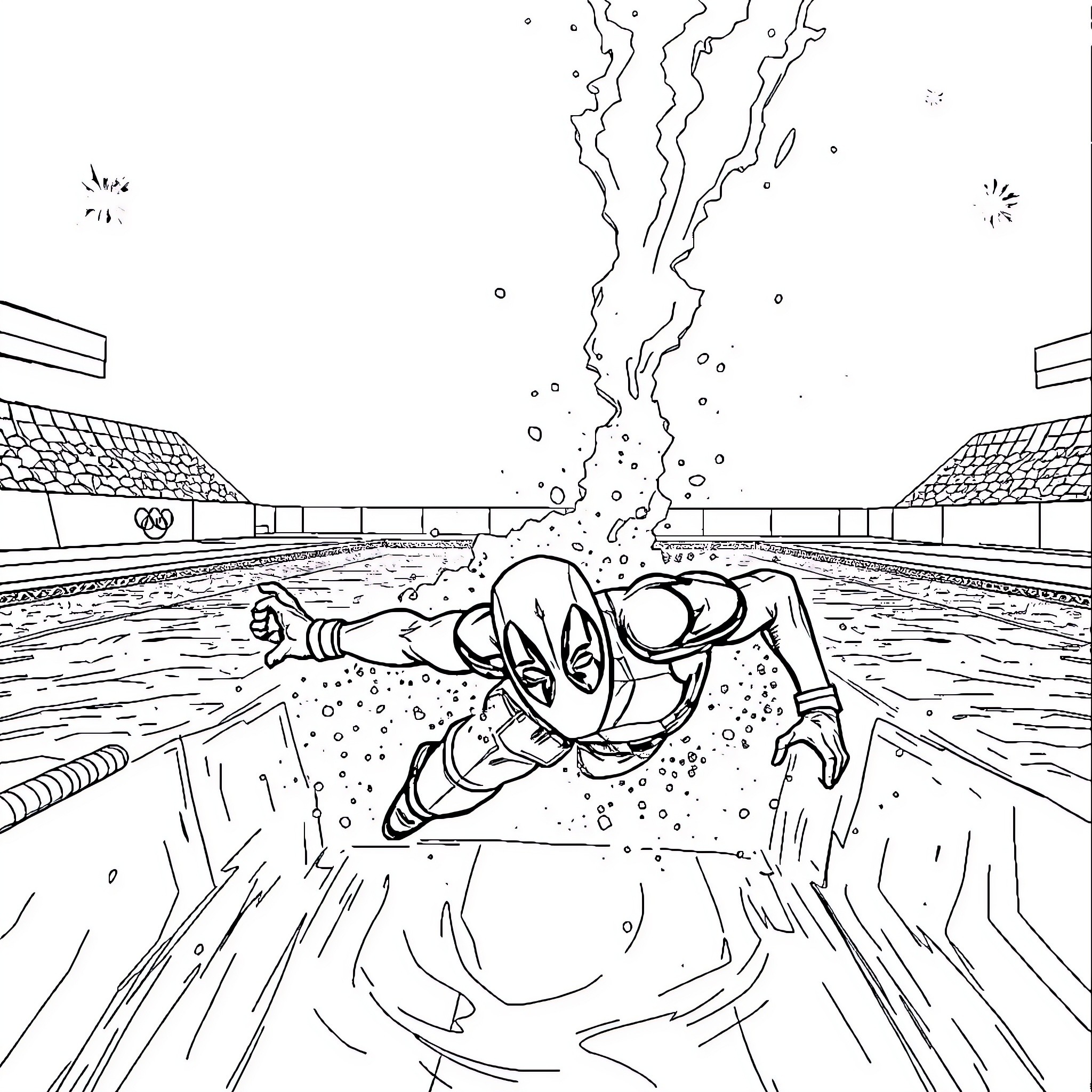 Deadpool diving into action-packed adventure Coloring Page (free black-and-white line drawing printable PDF for all, from beginners to advanced learners, including children, teens, adults, and seniors)