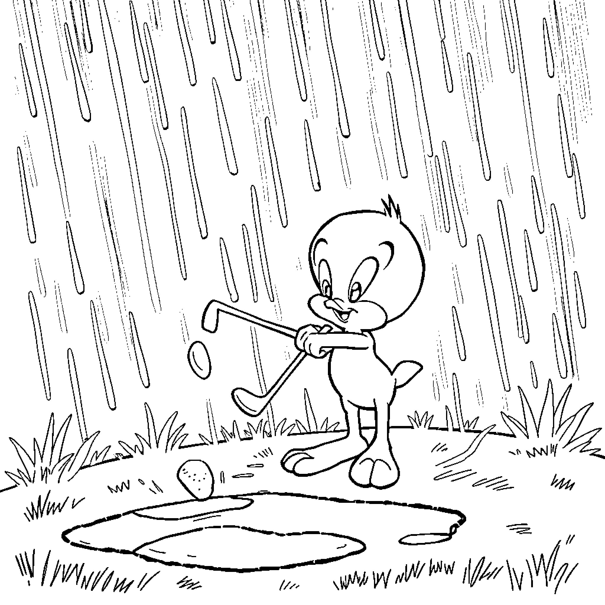 Tweety exploring in the rain Coloring Page (free black-and-white line drawing printable PDF for all, from beginners to advanced learners, including children, teens, adults, and seniors)