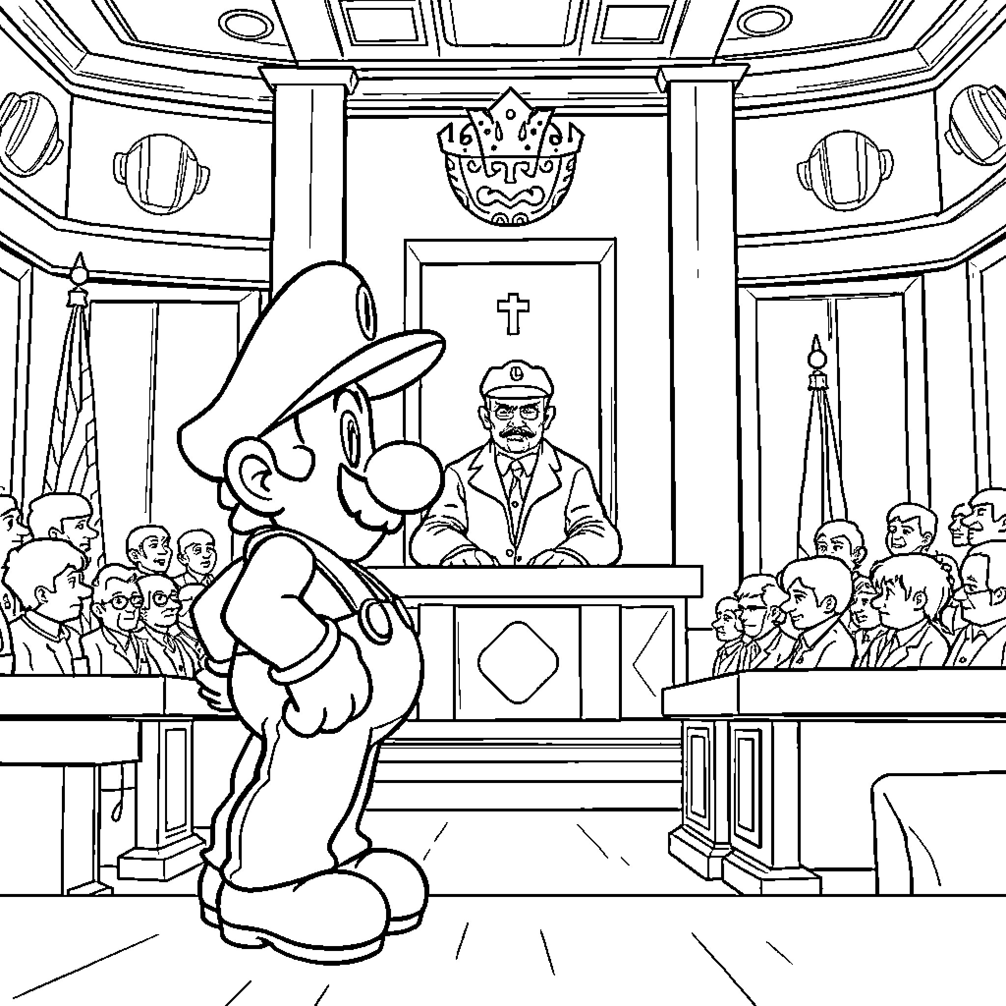 Super Mario in a Courtroom Scene Coloring Page (free black-and-white line drawing printable PDF for all, from beginners to advanced learners, including children, teens, adults, and seniors)
