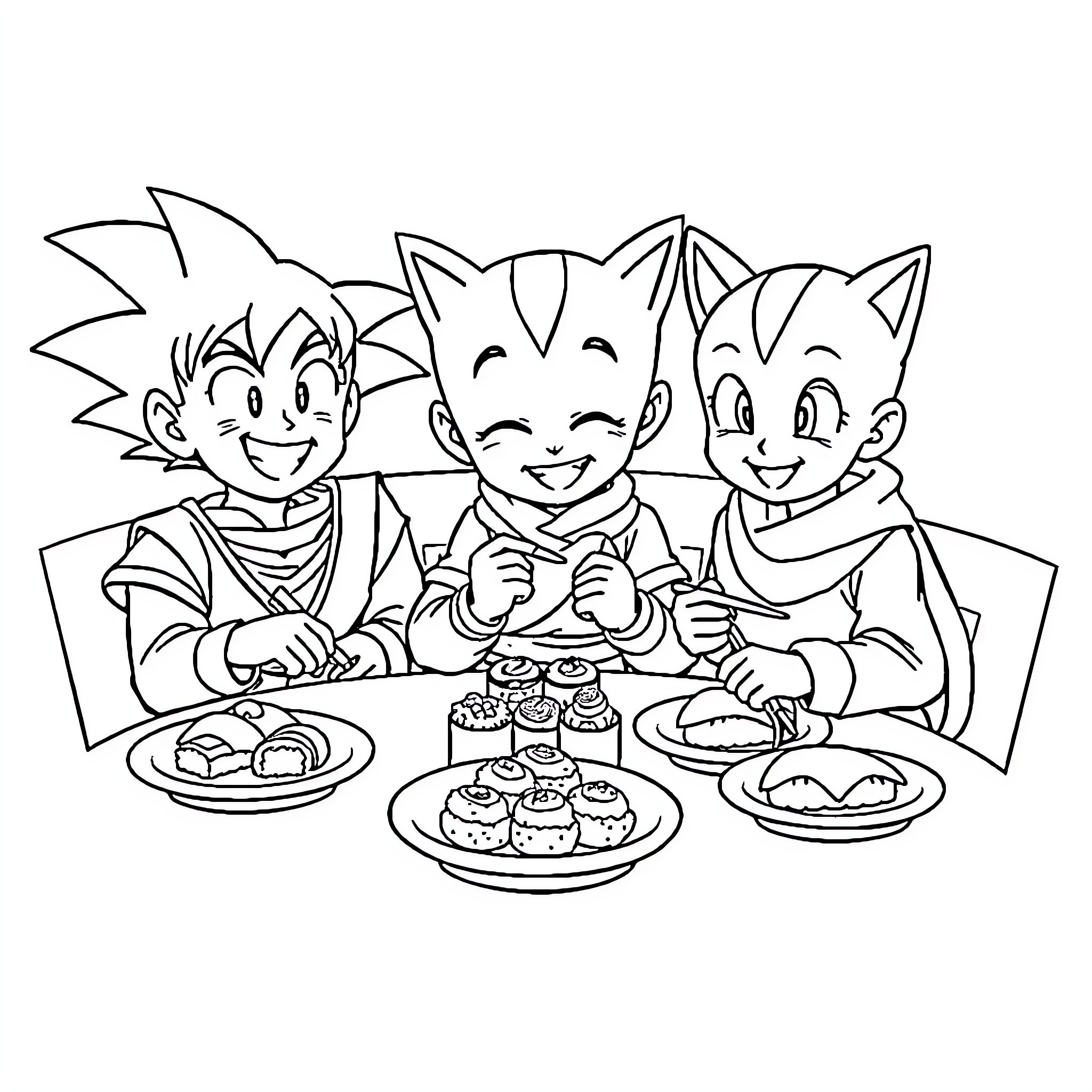 Goku and Friends Enjoy a Delightful Meal Together Coloring Page (free black-and-white line drawing printable PDF for all, from beginners to advanced learners, including children, teens, adults, and seniors)