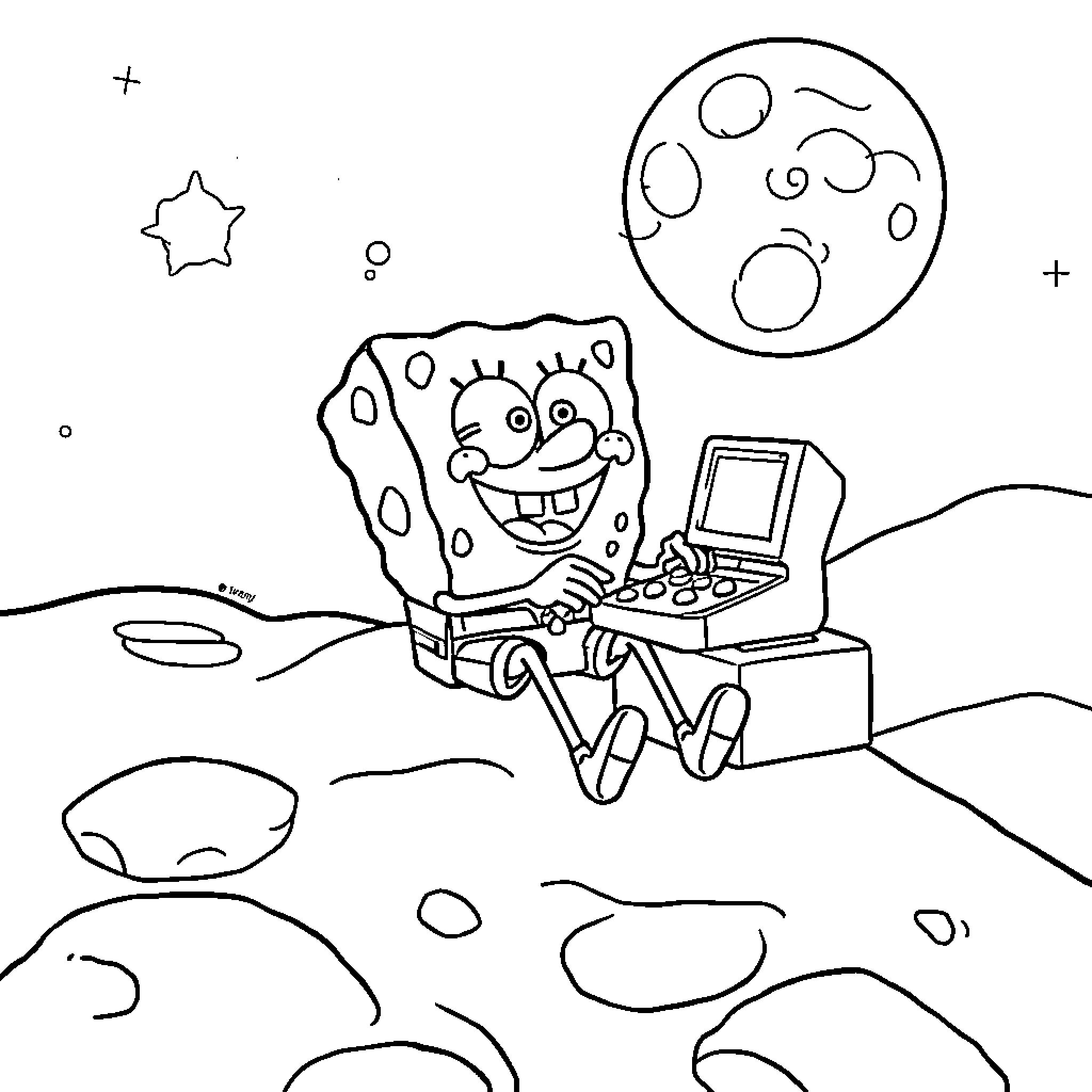 Spongebob playing video games on the moon Coloring Page (free black-and-white line drawing printable PDF for all, from beginners to advanced learners, including children, teens, adults, and seniors)