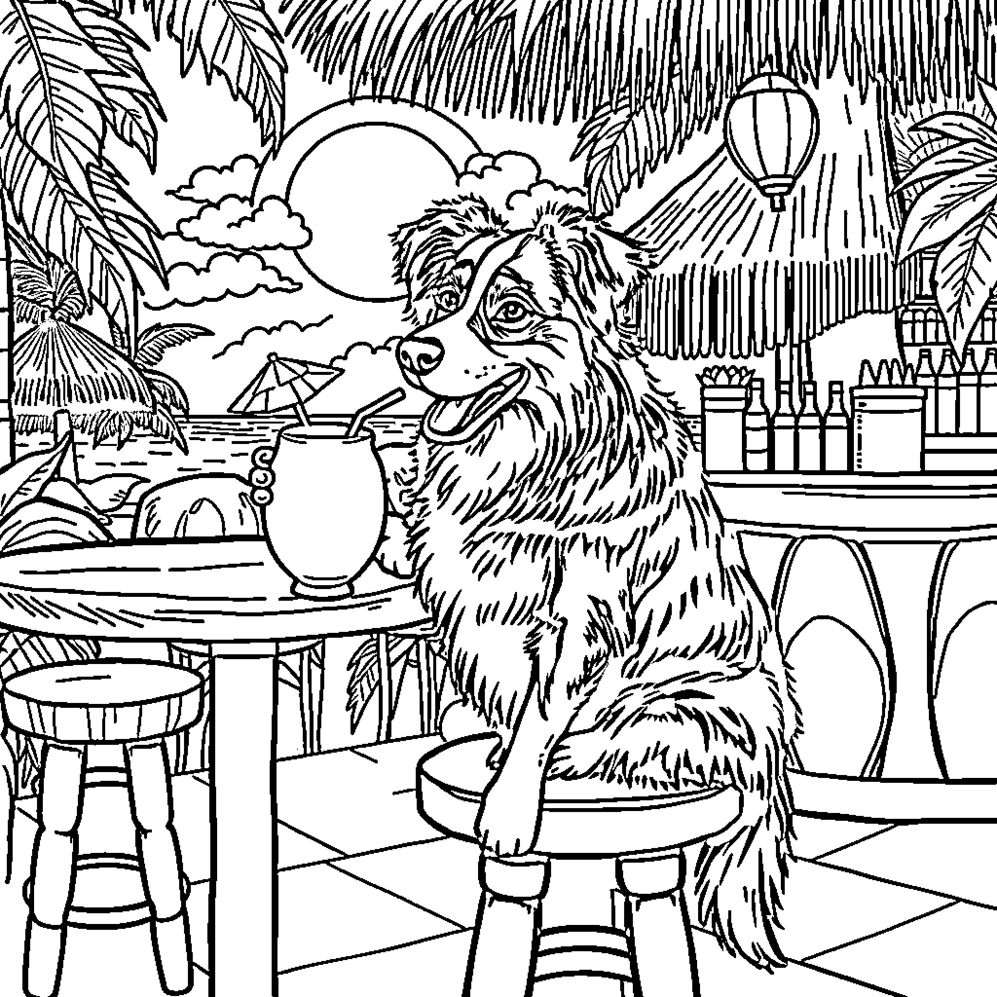 Dog relaxing at a tropical beach bar Coloring Page (free black-and-white line drawing printable PDF for all, from beginners to advanced learners, including children, teens, adults, and seniors)
