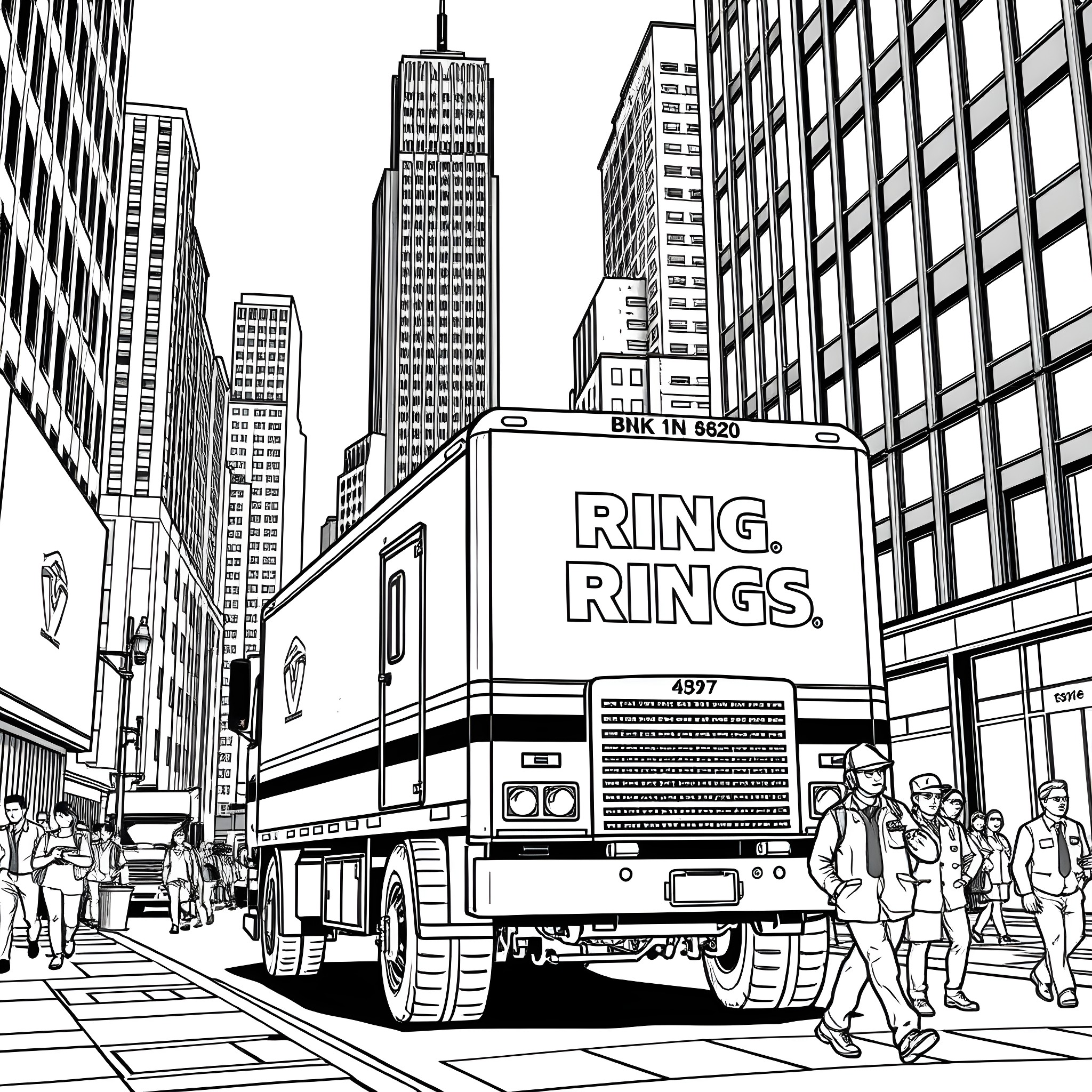 Armored Truck Transporting Valuables in the City Coloring Page (free black-and-white line drawing printable PDF for all, from beginners to advanced learners, including children, teens, adults, and seniors)