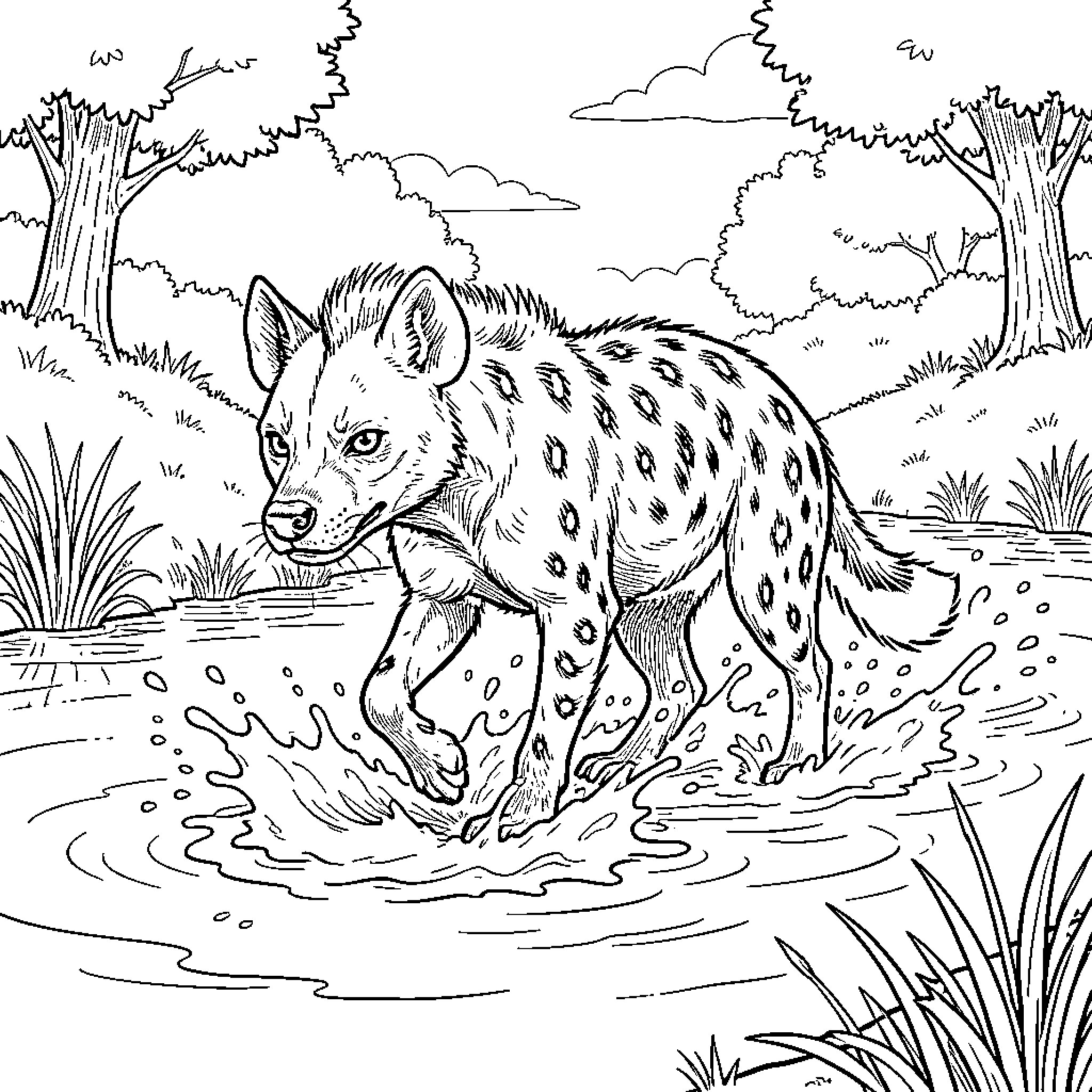 Hyena walking through shallow water in the wild Coloring Page (free black-and-white line drawing printable PDF for all, from beginners to advanced learners, including children, teens, adults, and seniors)