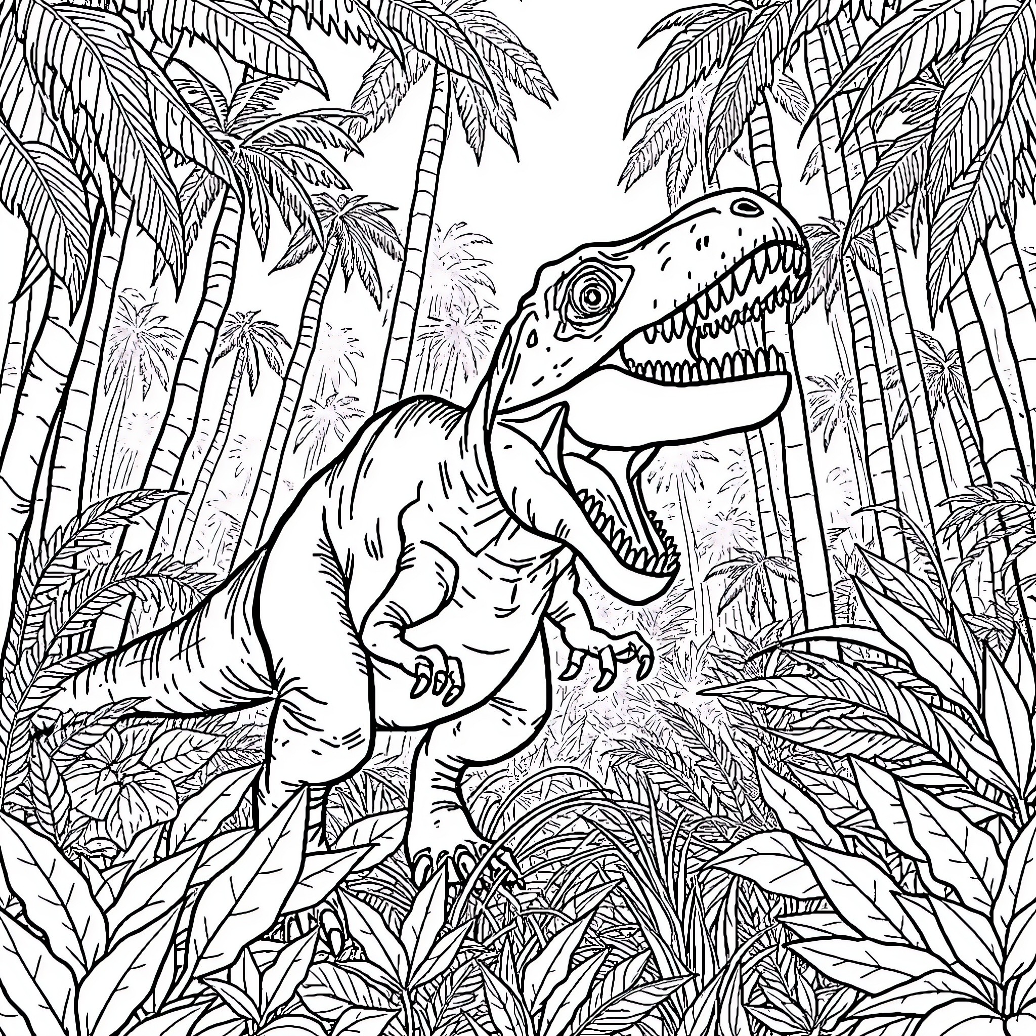 T-Rex roaring in the tropical jungle Coloring Page (free black-and-white line drawing printable PDF for all, from beginners to advanced learners, including children, teens, adults, and seniors)