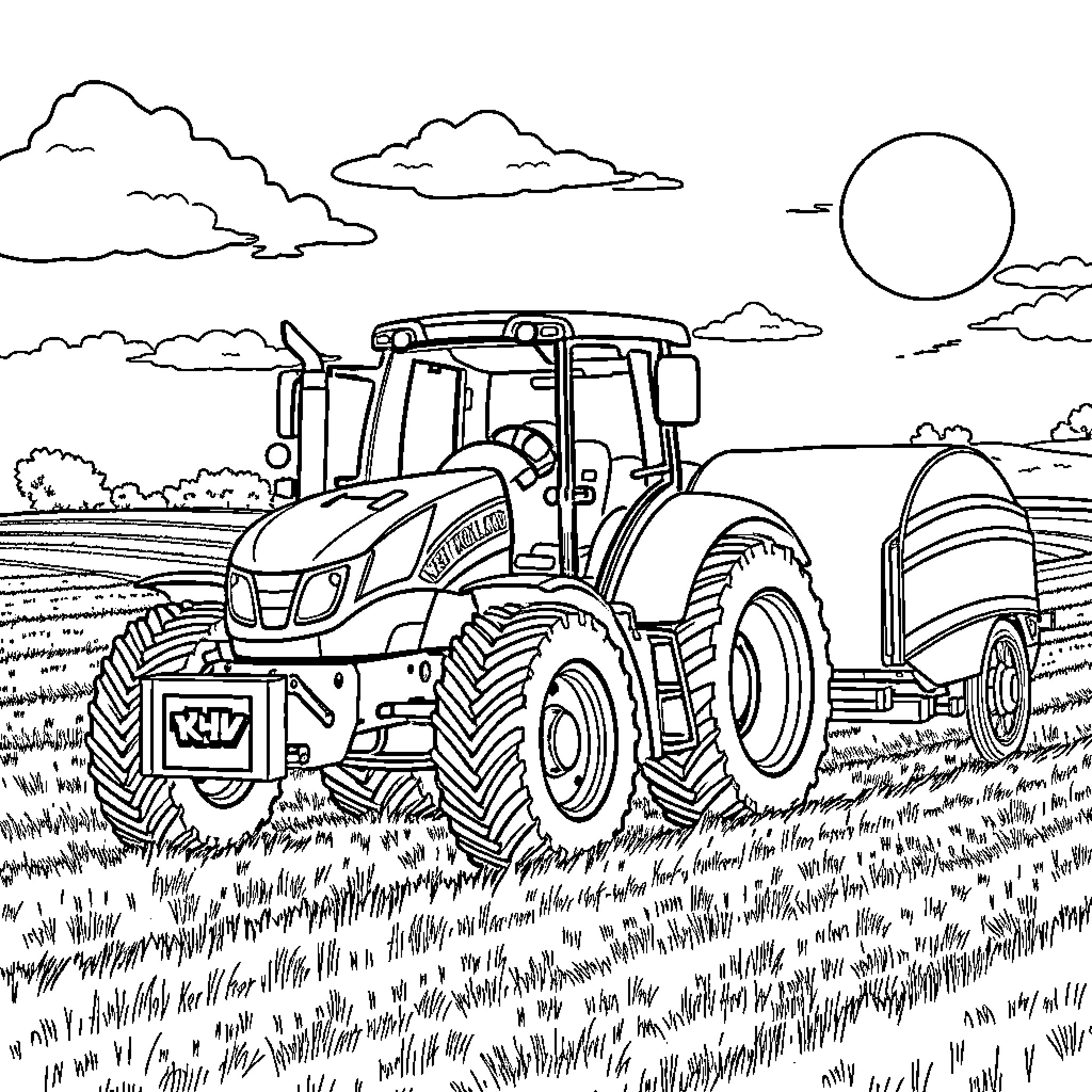 Tractor plowing the field on a sunny day Coloring Page (free black-and-white line drawing printable PDF for all, from beginners to advanced learners, including children, teens, adults, and seniors)