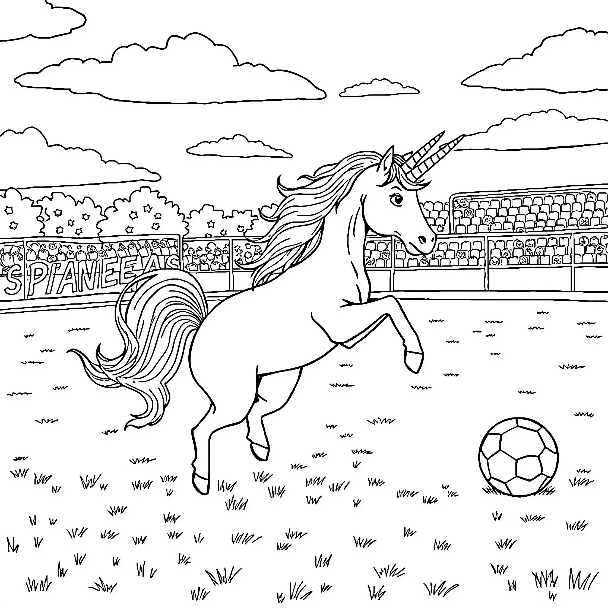 Unicorn Enjoying a Friendly Soccer Match Coloring Page (free black-and-white line drawing printable PDF for all, from beginners to advanced learners, including children, teens, adults, and seniors)