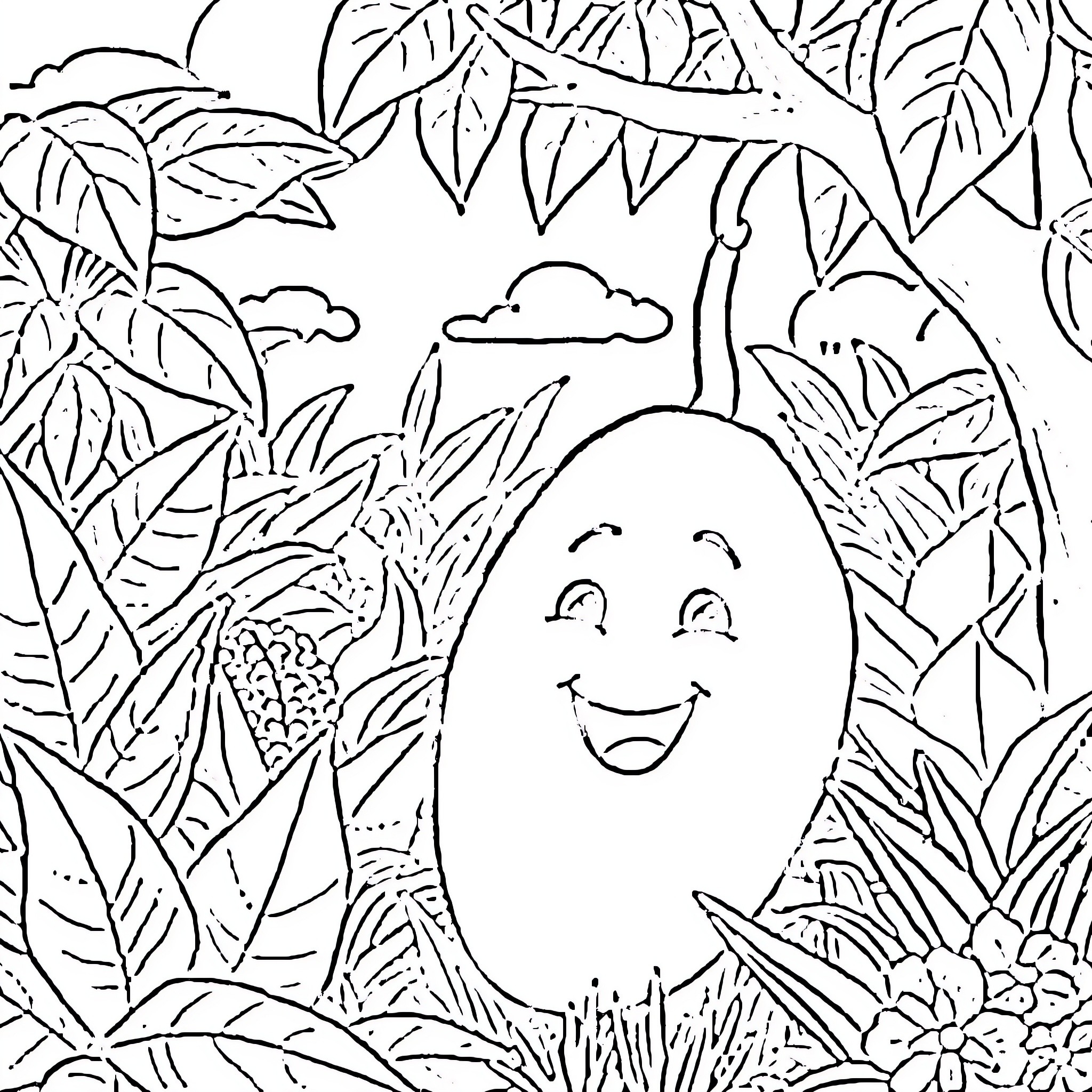 Mango enjoying a tropical paradise Coloring Page (free black-and-white line drawing printable PDF for all, from beginners to advanced learners, including children, teens, adults, and seniors)
