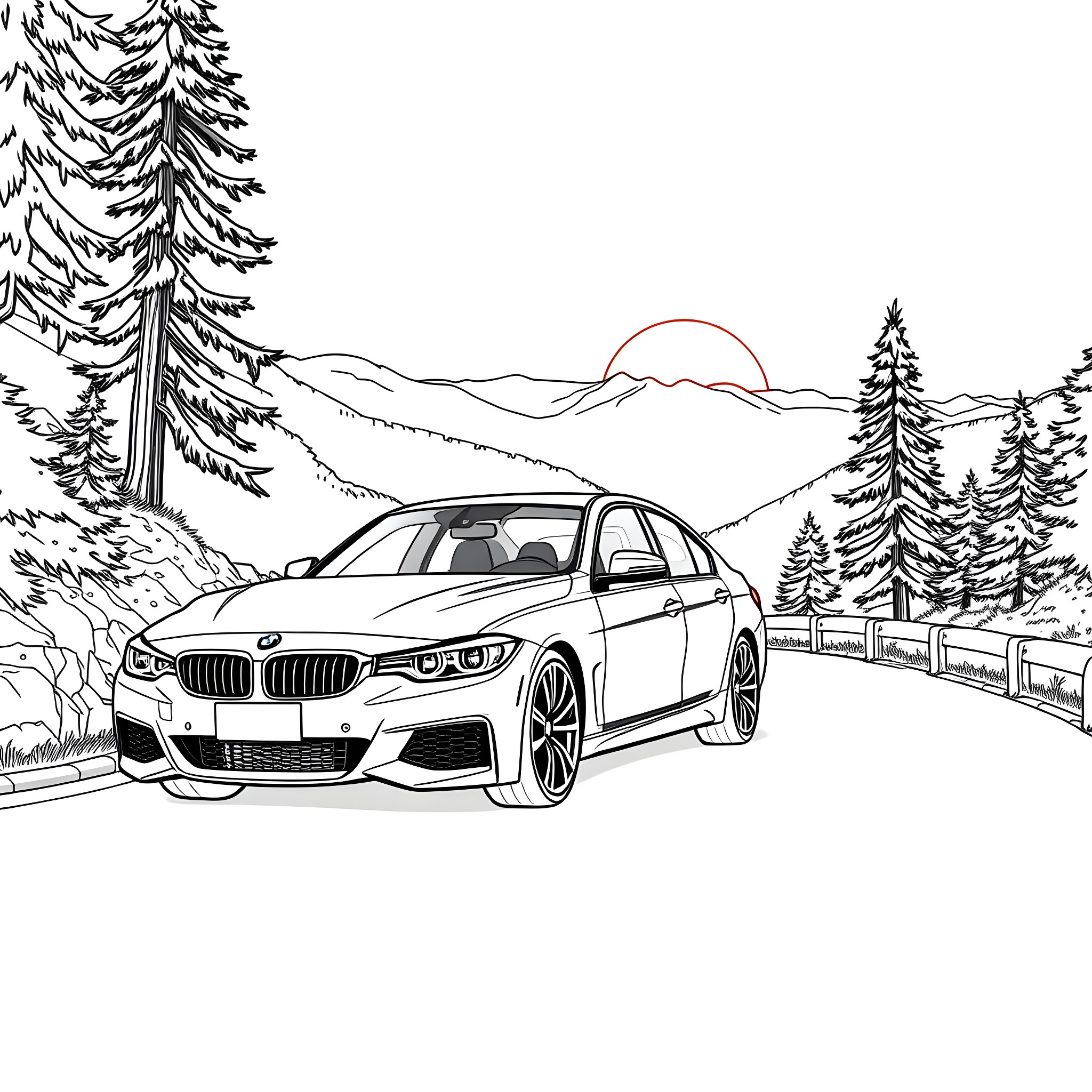 BMW 335i speeding through the snowy landscape Coloring Page (free black-and-white line drawing printable PDF for all, from beginners to advanced learners, including children, teens, adults, and seniors)