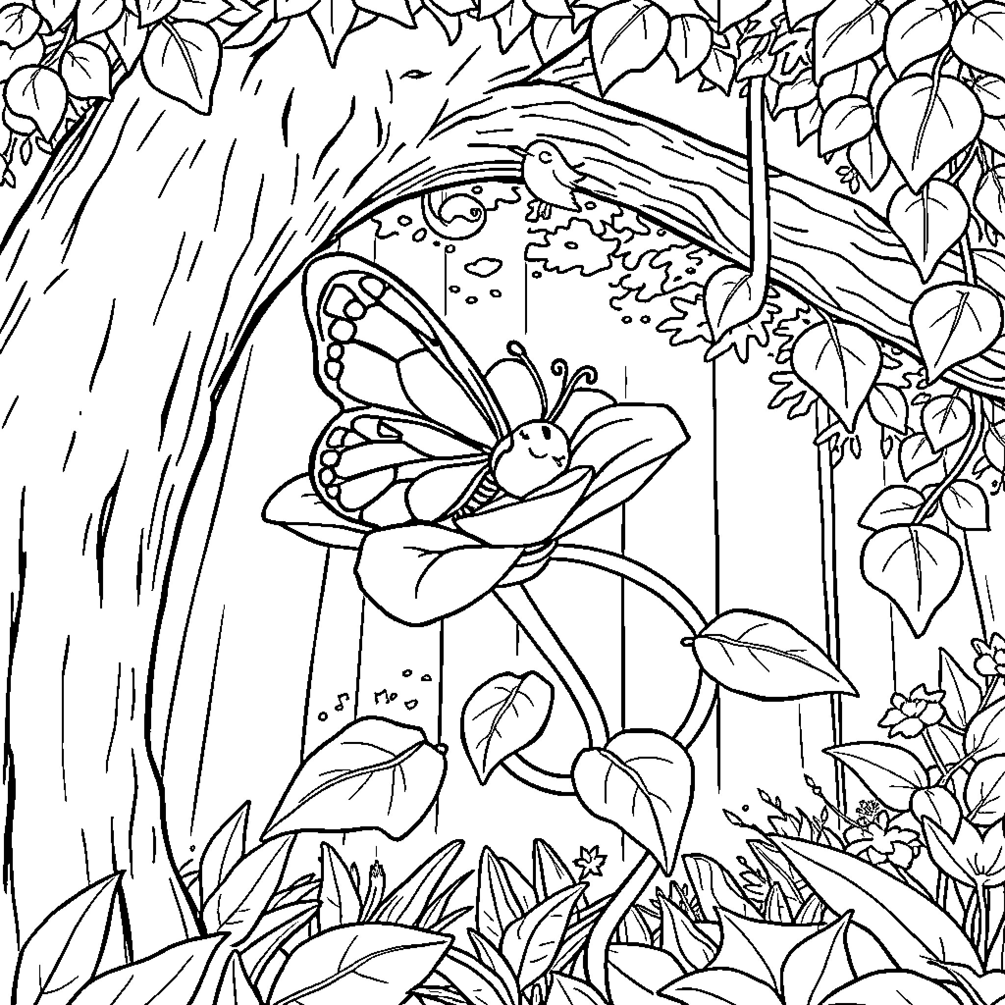 Butterfly resting in a lush forest Coloring Page (free black-and-white line drawing printable PDF for all, from beginners to advanced learners, including children, teens, adults, and seniors)