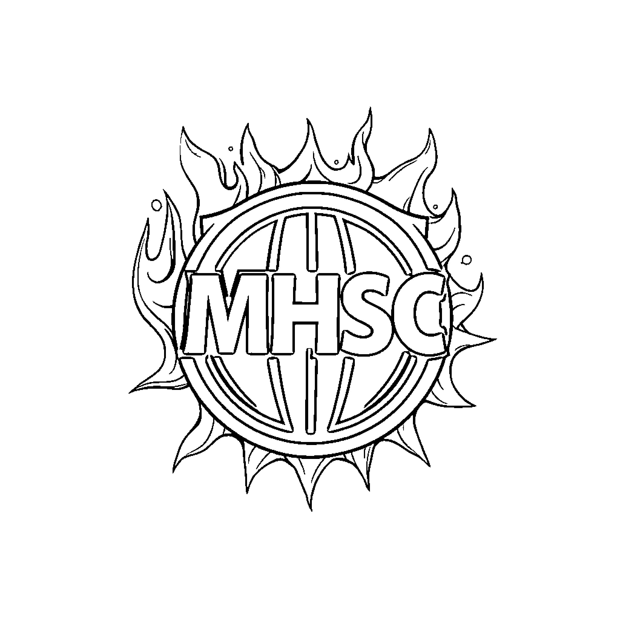 MHSC Logo with Flaming Emblem Design Coloring Page (free black-and-white line drawing printable PDF for all, from beginners to advanced learners, including children, teens, adults, and seniors)